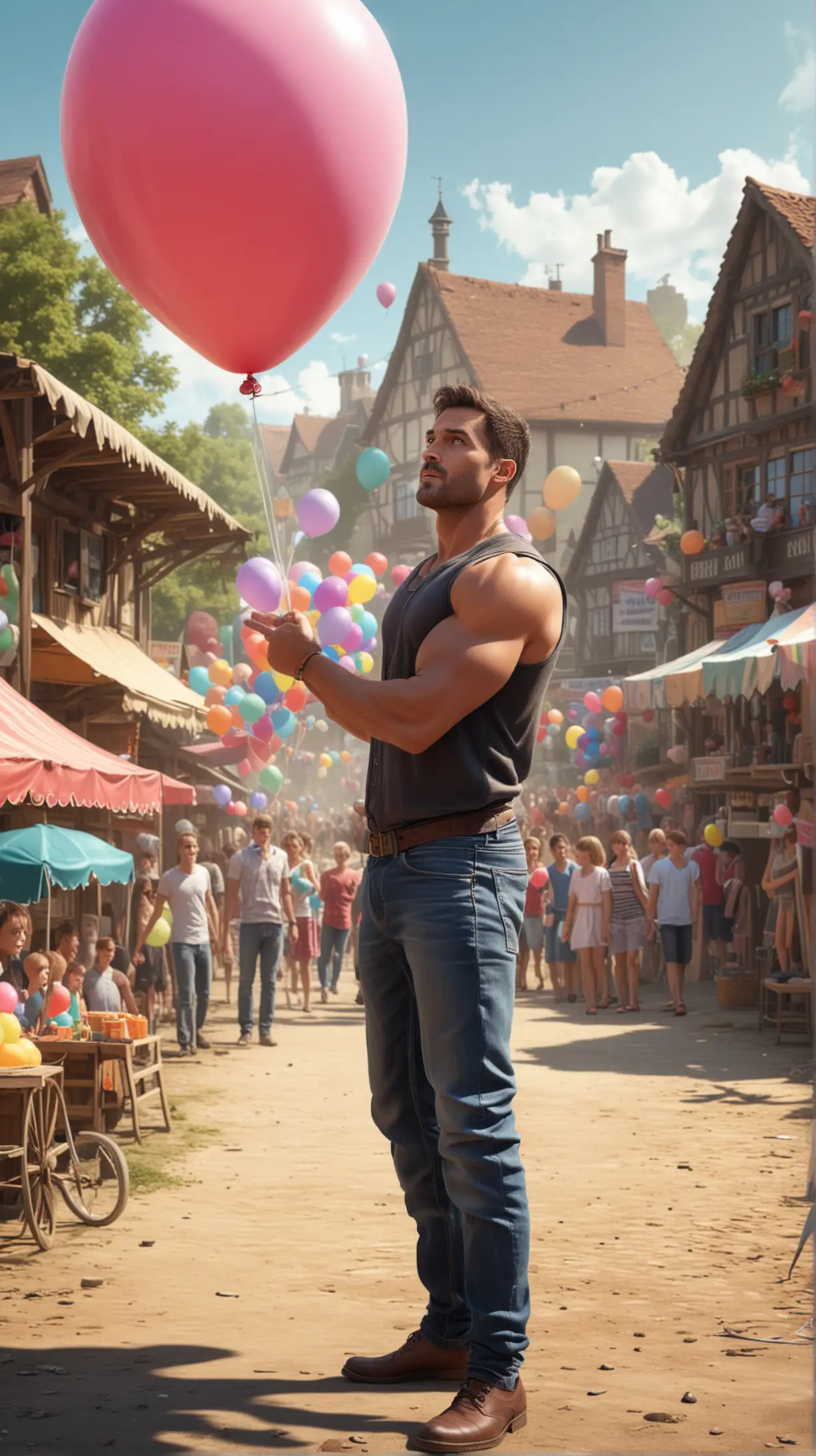 An attractive, highly muscular man in his 30s, standing with a helium filled balloon blowing maching and he is selling balloons in a village fair. Vector Style. Realistic and impactful. The image captures the village fair background and other kids show interest in buying balloons. Create Spirited, mildly colorful, atmospheric images inspired by noir video games. Use with Vision XL for best results.