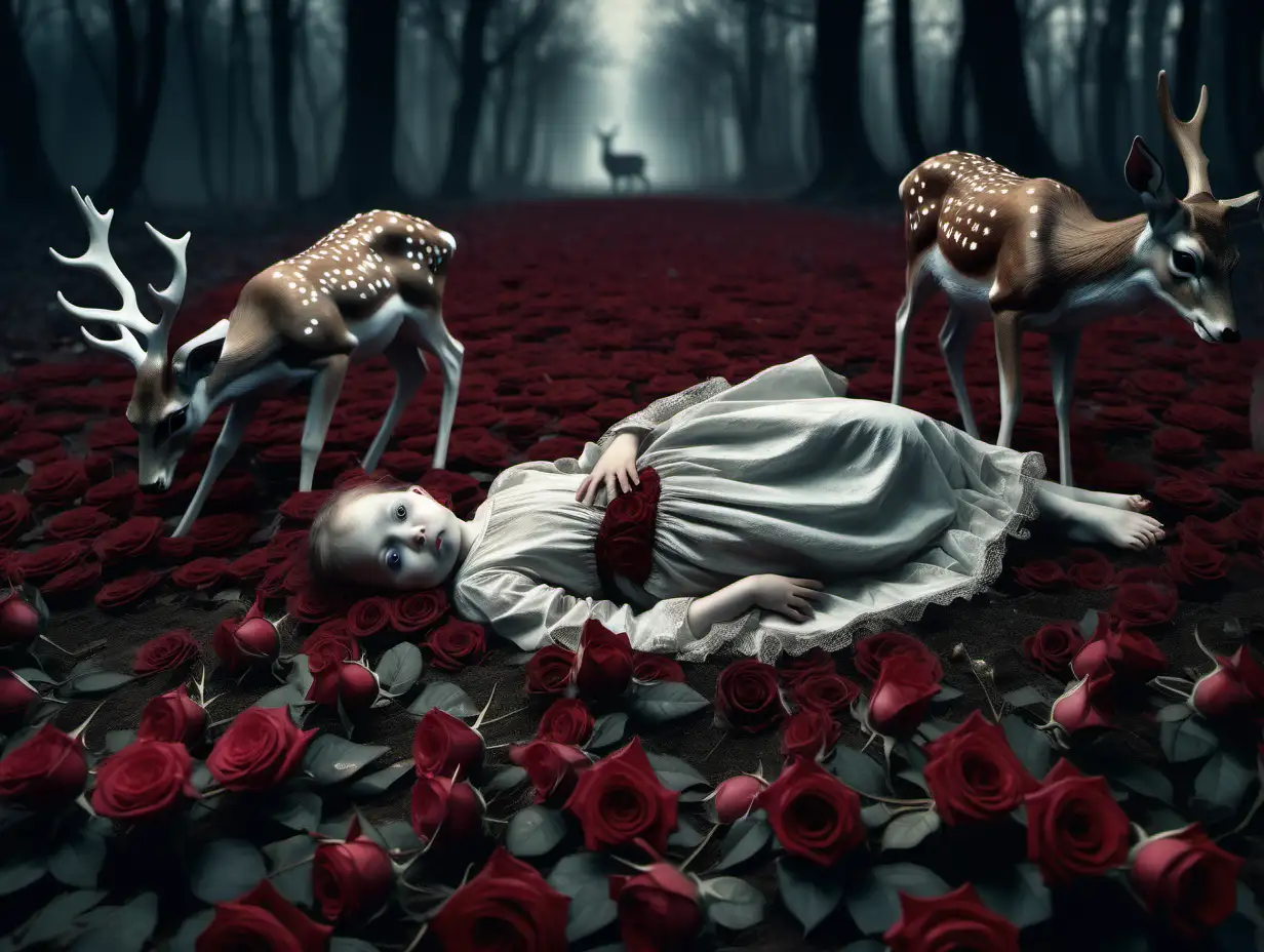 Mystical Baby in Roses Surreal Digital Painting with Deer Heads