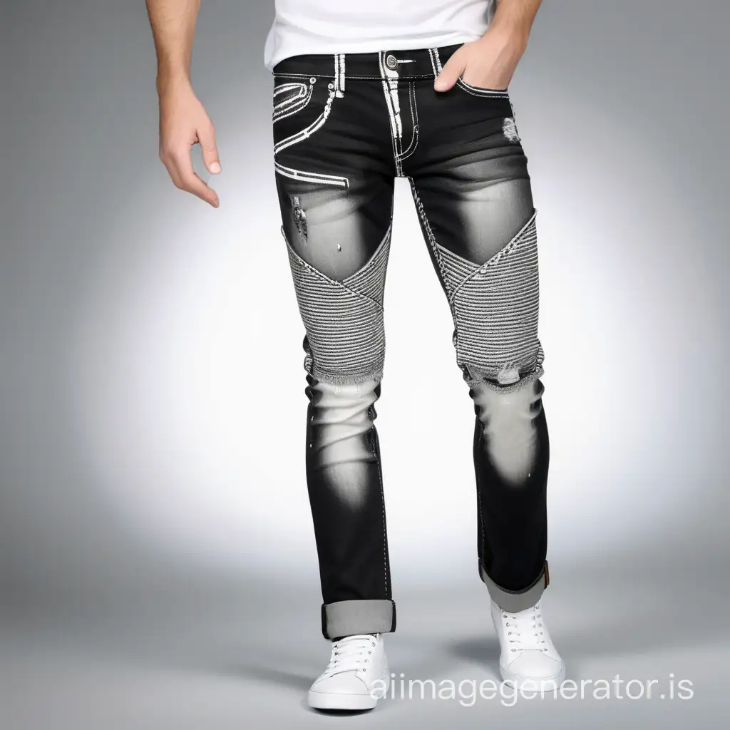 Trendy and stylish Black & white    jeans having a latest wash with a vintage or stone washed effect contrast stitching & accessories with dutch angle view.