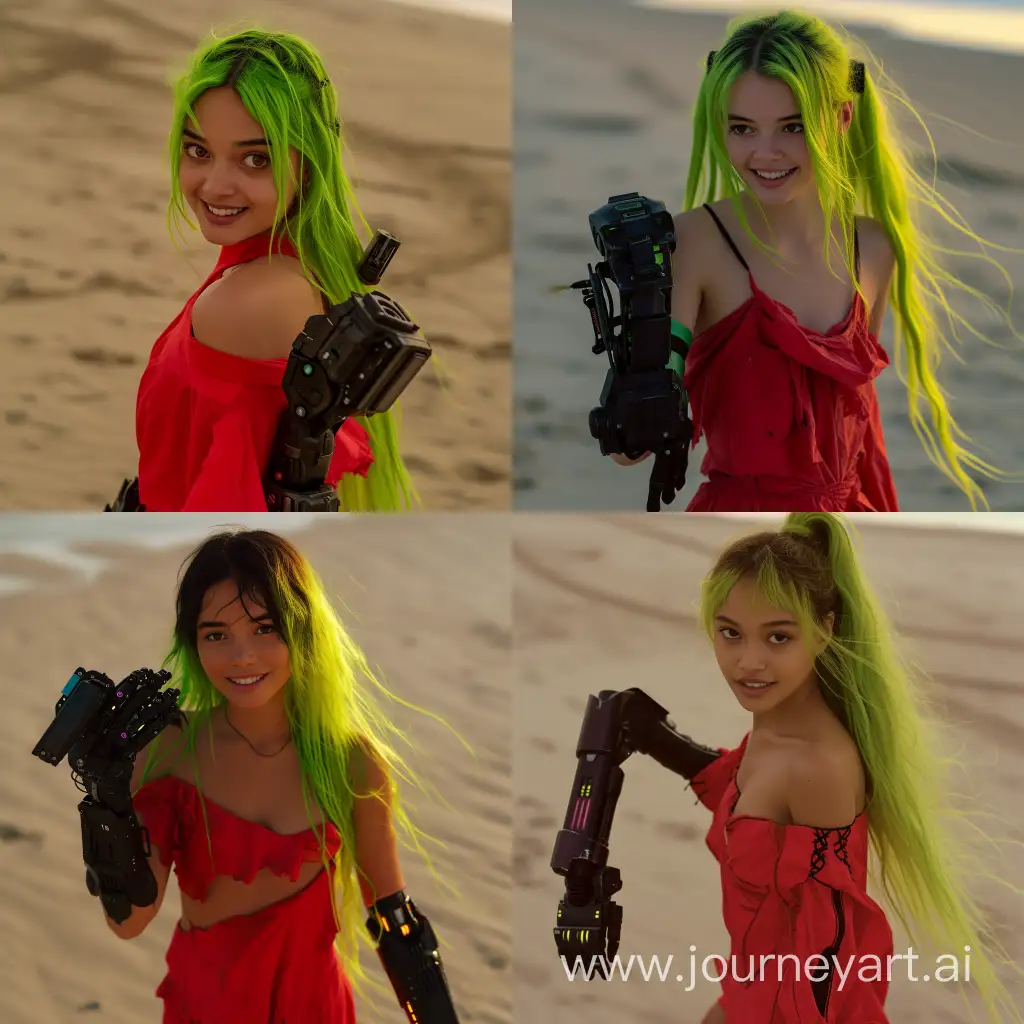 Take a photo of an 18 year old woman with tanned skin, brown eyes, very bright and long lime green hair pointed with two thin front bangs, menacing sideways smile, loose red clothes, black robotic prophetic arm with laser attached, wandering on the beach. The photo must be in RAW, taken with a Canon EOS R5, 75mm lens, in a cinematic style, with dynamic lighting, Technicolor, Panavision, cinemascope, sharp focus, fine details, 8k, HDR, realism, realistic, key look, still from film