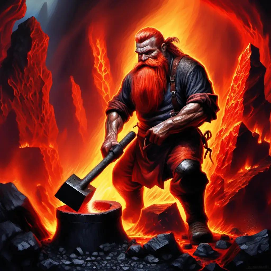 volcanic dwarf blacksmith hammering on an anvil, vivid fantasy, river of lava, red beard