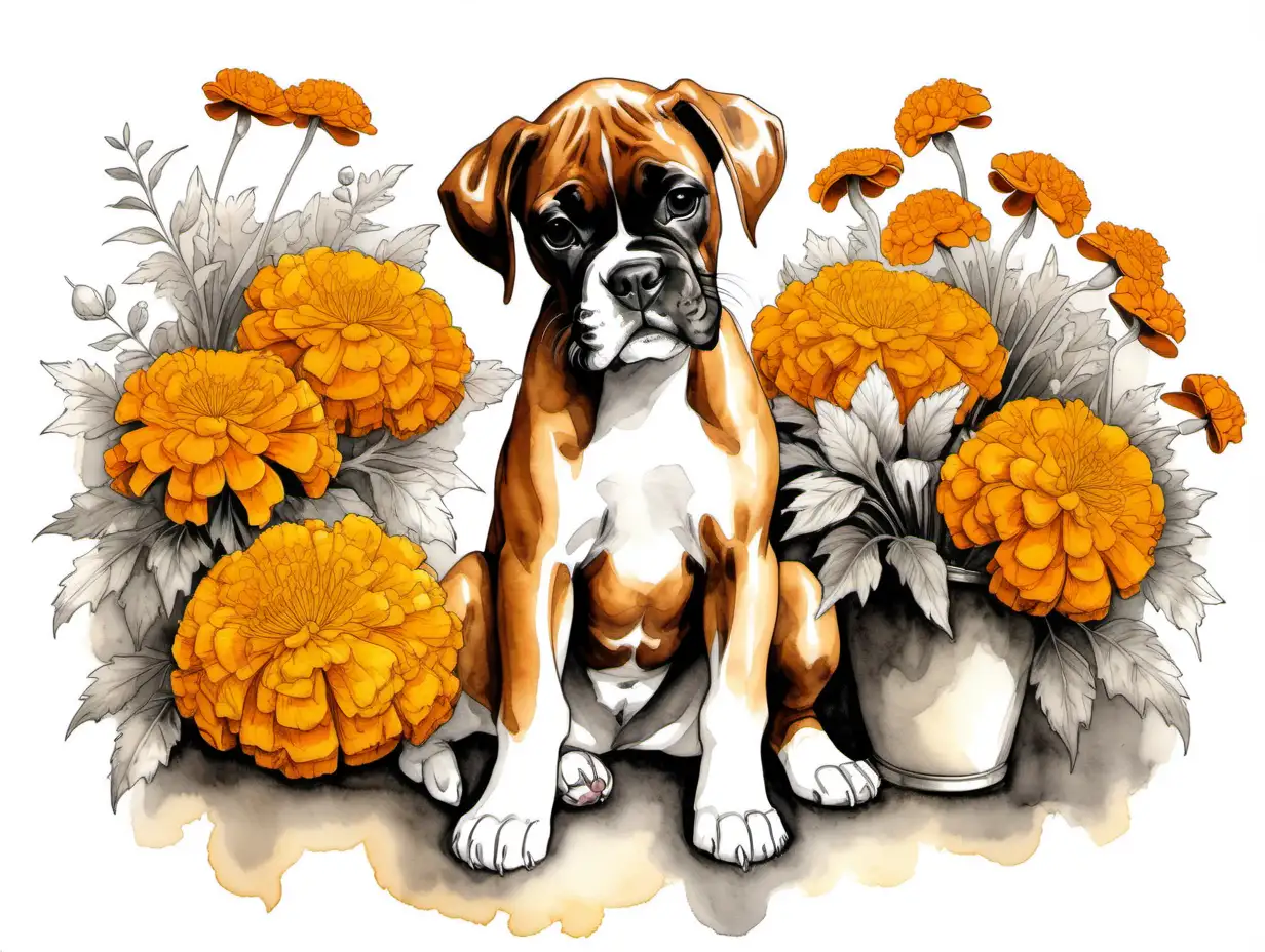 Design an Ink Wash vintage piece of heartwarming art featuring a young Boxer puppy surrounded by a bouquet of Marigolds.  Capture the essence of the bond between a dog and nature, creating a piece that resonates with great dance lovers who appreciate the beauty of both their beloved pets, and blooming flowers
