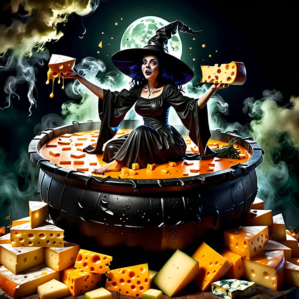Witch Floating in a Giant Cauldron of Cheese