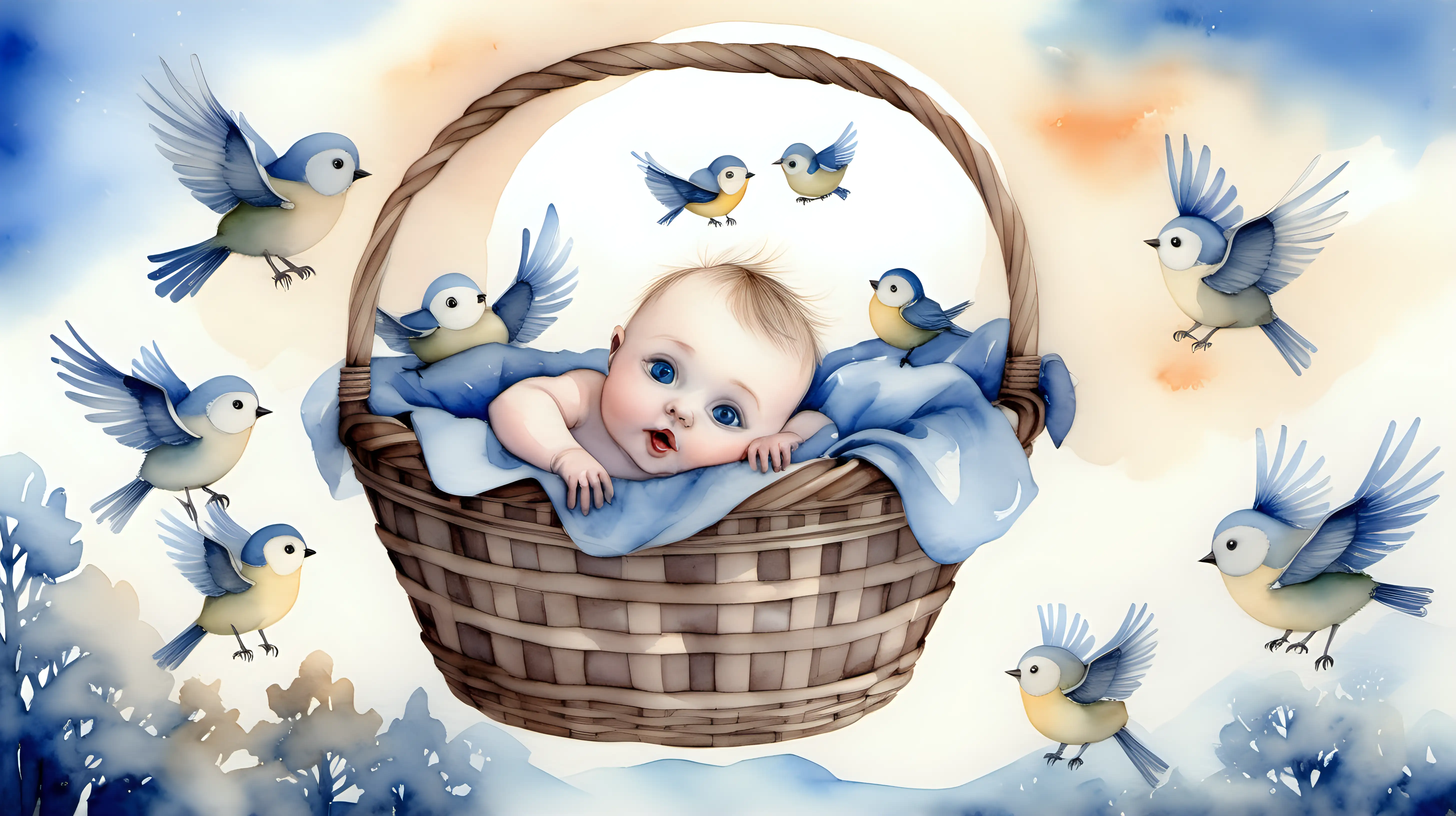 A watercolour fairytale picture. A darkblond blue eyed baby in a basket. a flock of blue tits flying in the dawn sky carrying empty baskets





