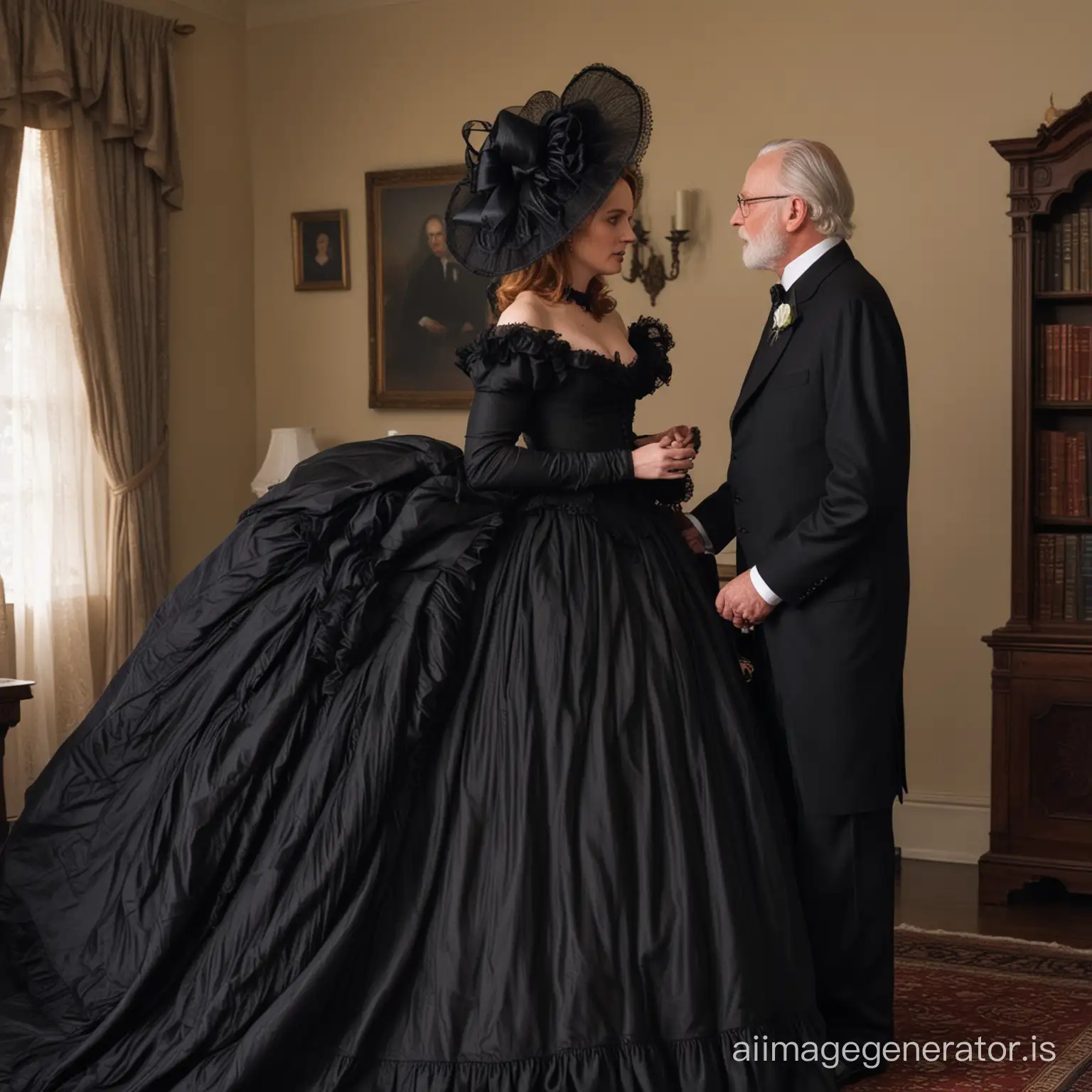 Dana Scully wearing a black floor-length loose billowing 1860 Victorian crinoline dress with a frilly bonnet kissing an old man who seems to be her newlywed husband