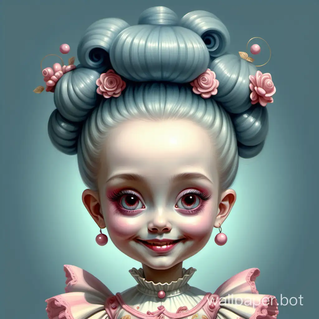 sweet girl with an unusual hairstyle in a beautiful costume. smiles gently. in full height. in the style of Mark Ryden. Childlike surrealism. Gouache. Clear, clean picture with many interesting details. Highest quality. 4K.