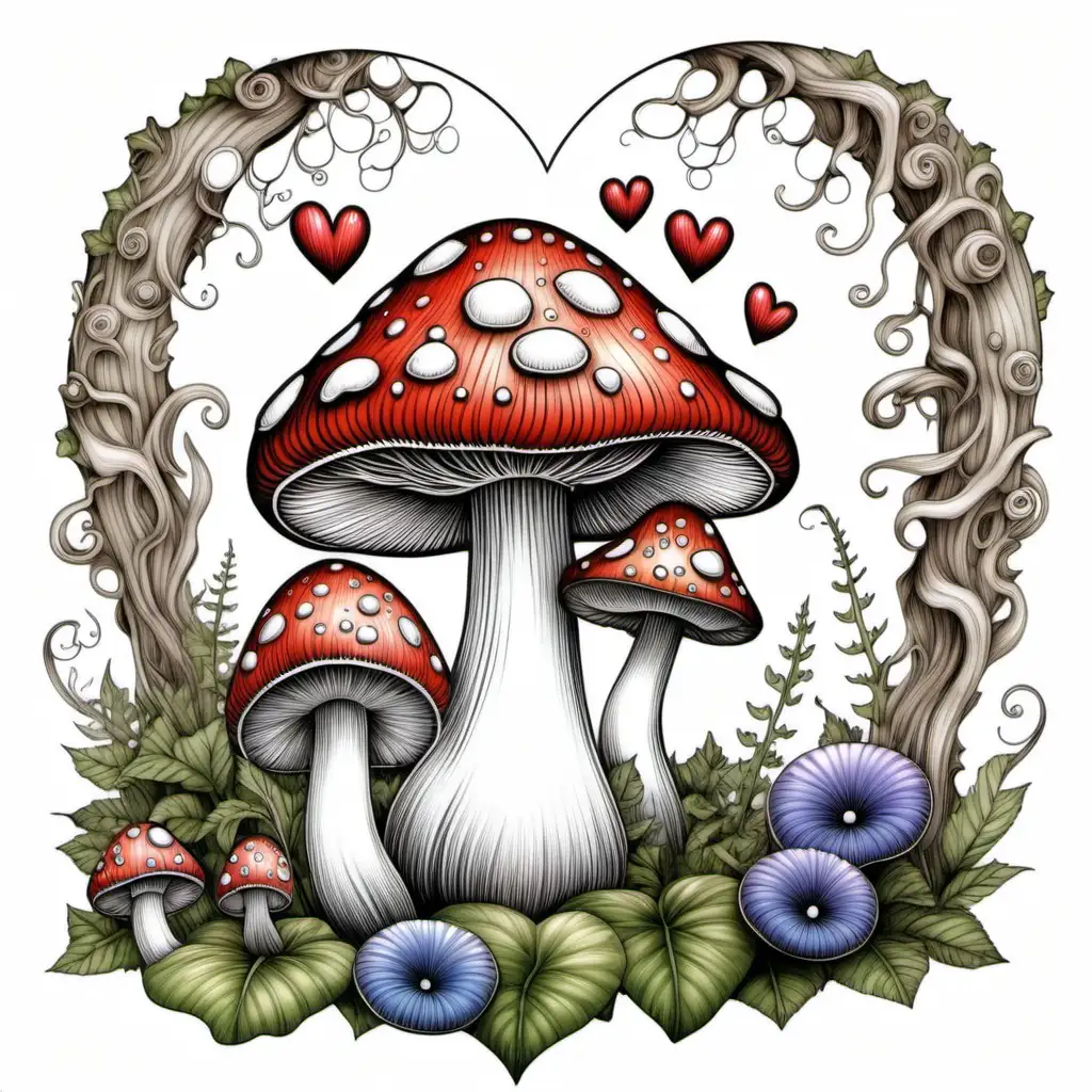 Create a coloring page, FAIRY MUSHROOM,color,VALENTINE THEME in the style of John Byrne ultra light pencil hand drawing illustration, with great details, flawless line art, with art fades into white background, white background with 50 percent paper margin