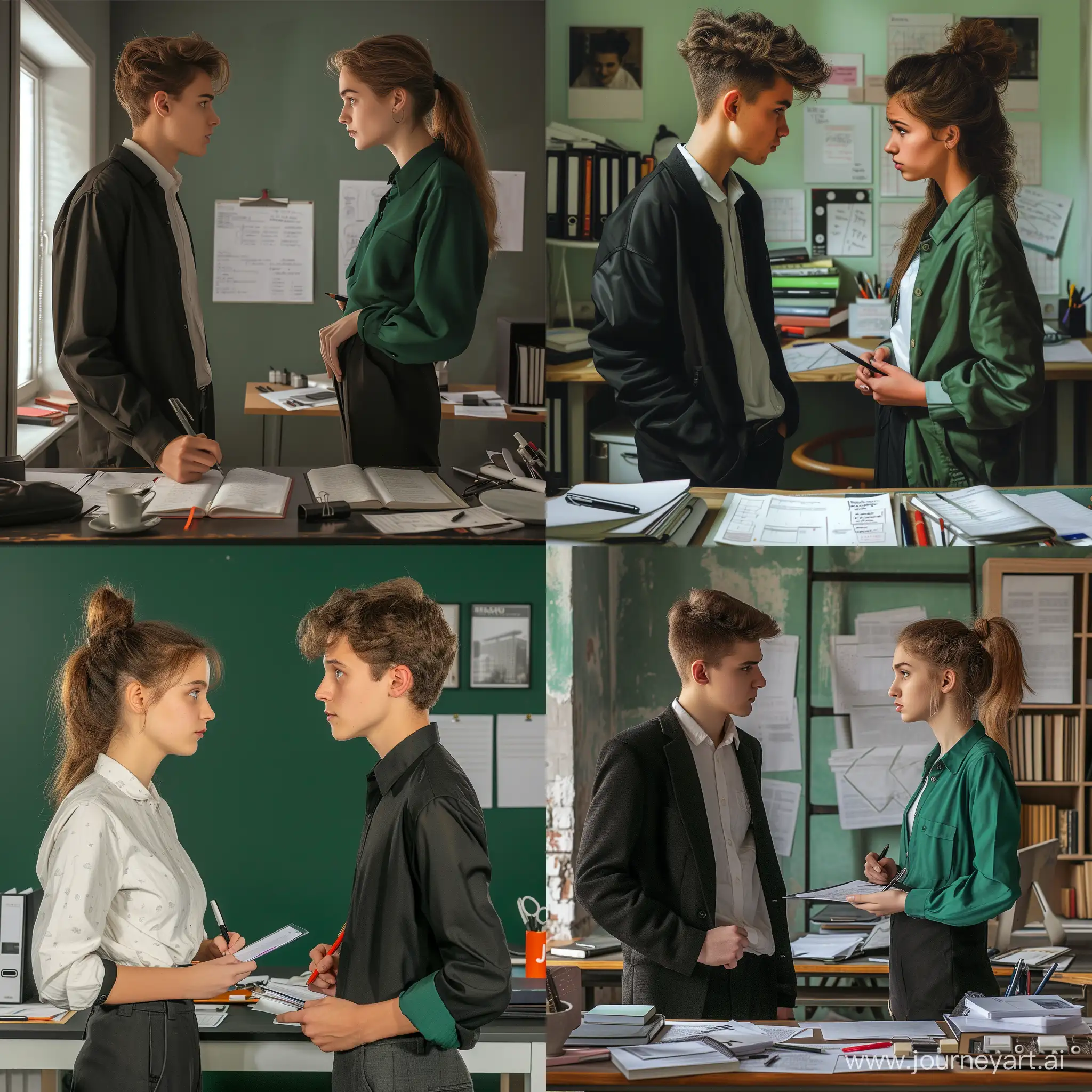 ultra realistic, two young people - a man and a woman, stand opposite each other and discuss a sensitive social topic, negotiate, write down each other's arguments, both are dressed in a business style, the colors of the picture are muted, combining shades of white green and black colors , there is a business environment around, a room intended for debates and polemics, books, papers and office supplies are placed