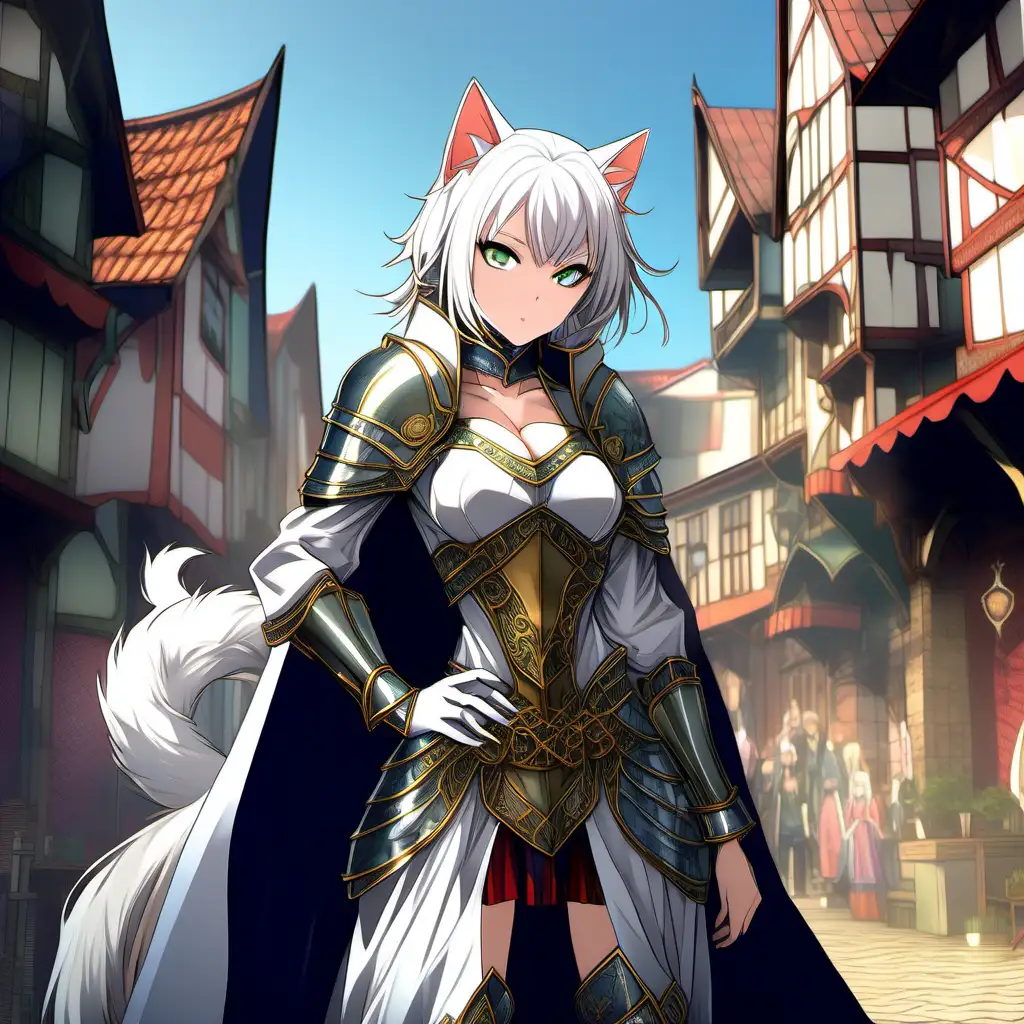 (masterpiece, high resolution, cell shading:1.5), beautiful,  (medium bust:1.3), (adult nekomini:1.5), (medium skin tone: 1.5), (white hair:1.3), (slender legs:1.2), (freckles:1.2), confident and alluring expression, seductive gaze towards the camera, (vibrant fantasy armor:1.3), (armored high heels:1.2), full-body portrait, (Guweiz-inspired style:1.2), mystical aura, (medieval fantasy world:1.5), village exterior with river flowing through the center, lively atmosphere, crowded with people, vibrant color scheme, cell-shaded rendering, full attention on the character, mid-shot composition, vibrant and engaging background.

cats-, (Cartoony style:0.8), (exaggerated features:0.8), (distorted proportions:0.8), (low-quality shading:0.8), (poorly drawn legs:0.8), (awkward pose:0.8), (unattractive:0.8), (grainy:0.8), (blurry:0.8), (overly bright lighting:0.8), (unappealing:0.8), (poorly rendered horns:0.8), (unflattering angles:0.8), (repetitive background:0.8), (lack of detail:0.8), (uninspired:0.8), (out of focus:0.8), (poorly executed shadows:0.8), (unprofessional:0.8), (unattractive attire:0.8), (misshapen body:0.8), (unflattering lighting:0.8), (clumsy lines:0.8), (inconsistent art style:0.8), (poorly drawn face:0.8), (poorly drawn hands:0.8), (unappealing expression:0.8), (lack of charm:0.8), (uninteresting composition:0.8), (poorly textured:0.8), (flat and lifeless:0.8), (lack of depth:0.8)