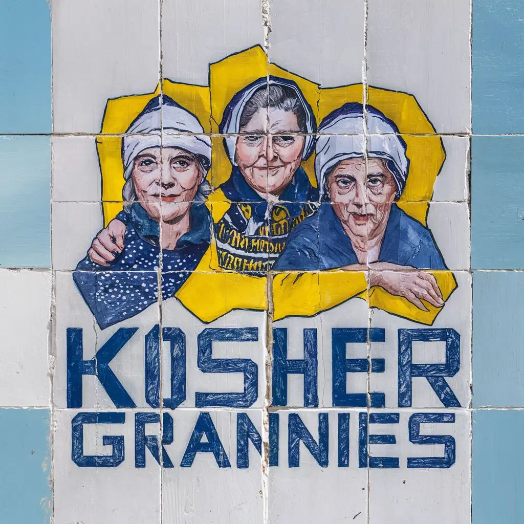 logo, Israel, yellow, blue, white, Jewish grannies with headcovers, in white tiles,  with the text "Kosher Grannies", typography, be used in art industry