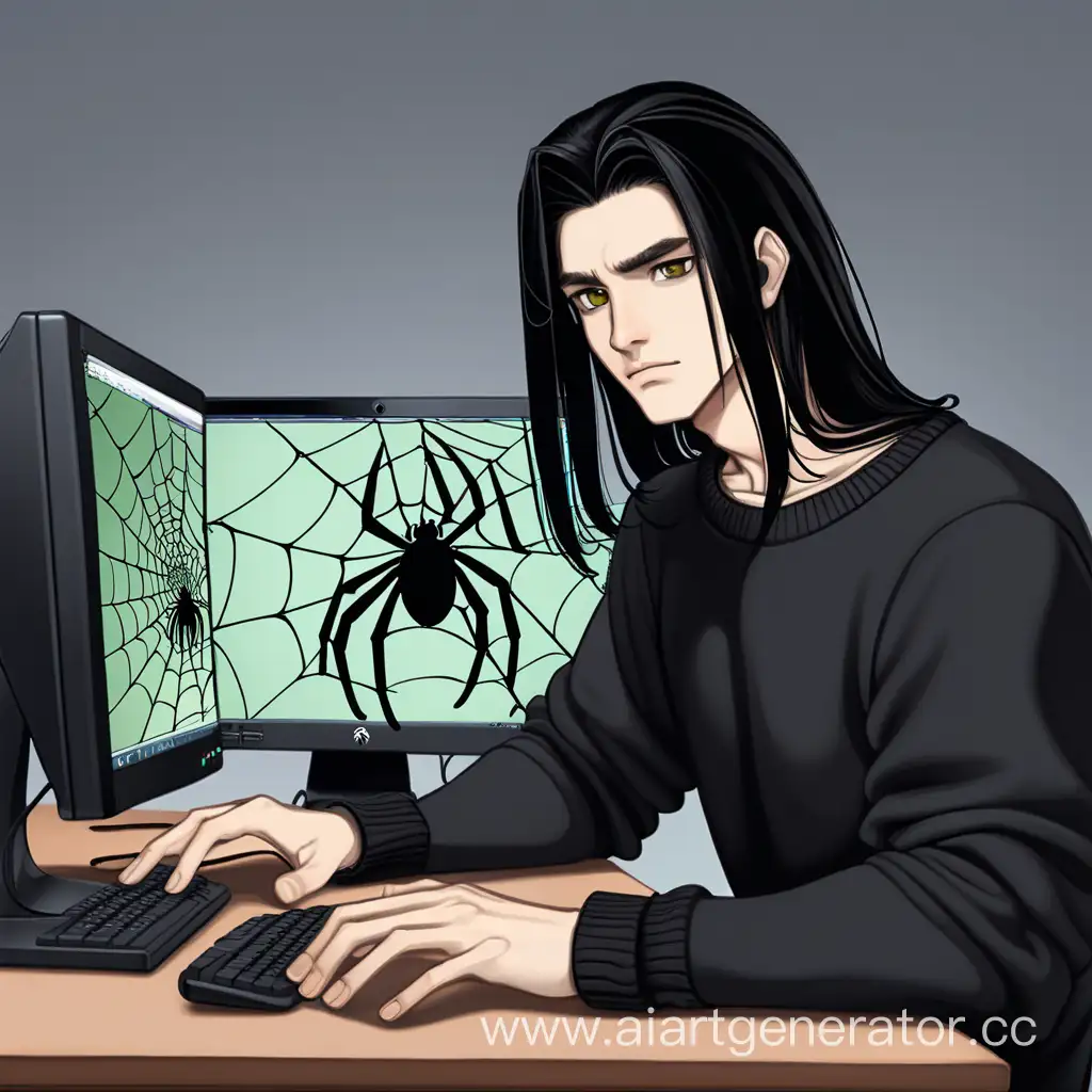 Нарисуй парня который сиди за компьюетрным столом, держит рукой мышку смотрит в монитор, парень имеет длинный волосы по плечи черного цвета, глаза зеленовато карие, на нем надета черная кофта с рисунком паутины на нем 
