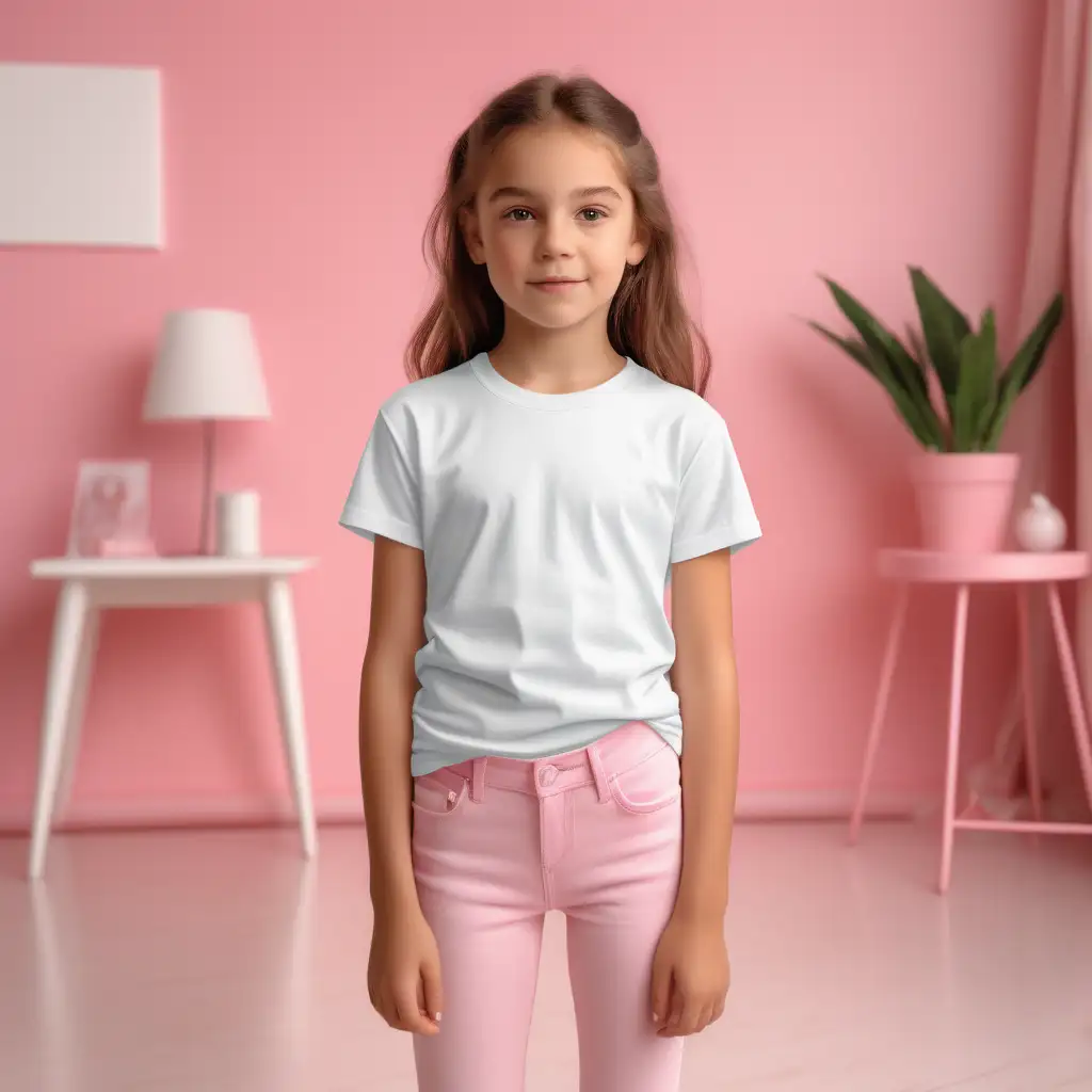 PLAIN blank,WHITE T-SHIRT Bella 3001Y mock-up photo, young kid girl ,t-shirt frontage for showcasing designs,  good lighting .well-lit indoor room that is  furnished in pink and white furniture,in the background, fun pink aesthetic
