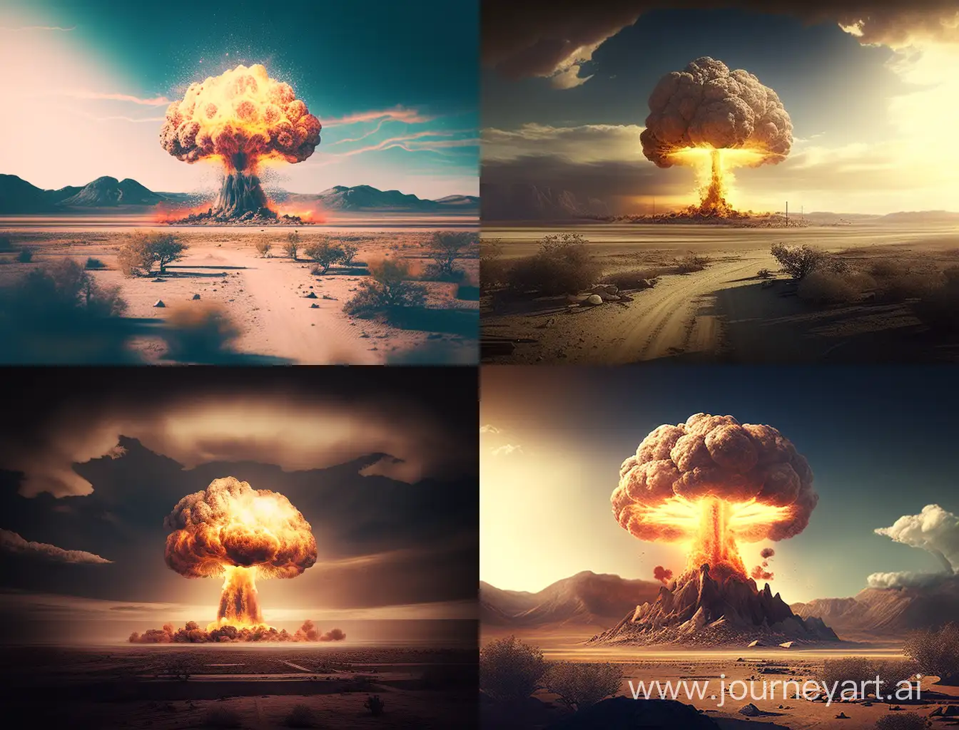 a nuke explosion at a test site, natural lighting, looking at the viewer, naturalism, vibrant

