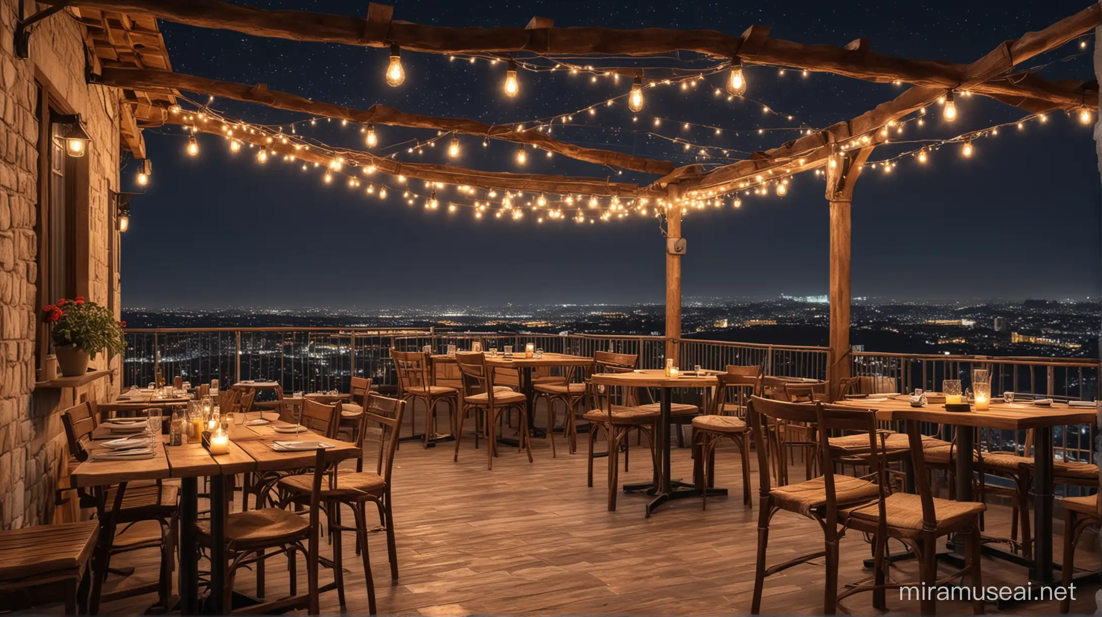 rooftop open-air cafe, warm and cozy, rustic look, breathtaking view, at night