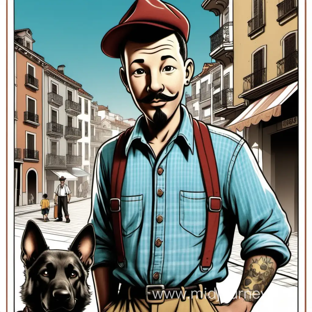 i want to create a Tintin inspired book cover, with a more vintage look, but i want to change the appearance of the characters in it. Tintin is a boy-ish looking hispanic-italian young man, with sharp face features. he has a lot of tattoos and he´s dressed in an oldschool way - maybe with suspenders. captain haddock is an older man around 40 years, with babylike face and a hat worn backwards and simple clothing - flannel shirt and bermuda. also in the poster is a german Shepard with black and brown hair. The style of the poster is animation drwing and looks like a french vintage poster. The characters are in Lisbon, so maybe old city background and i would like to incorporate some Japanese details if possible.