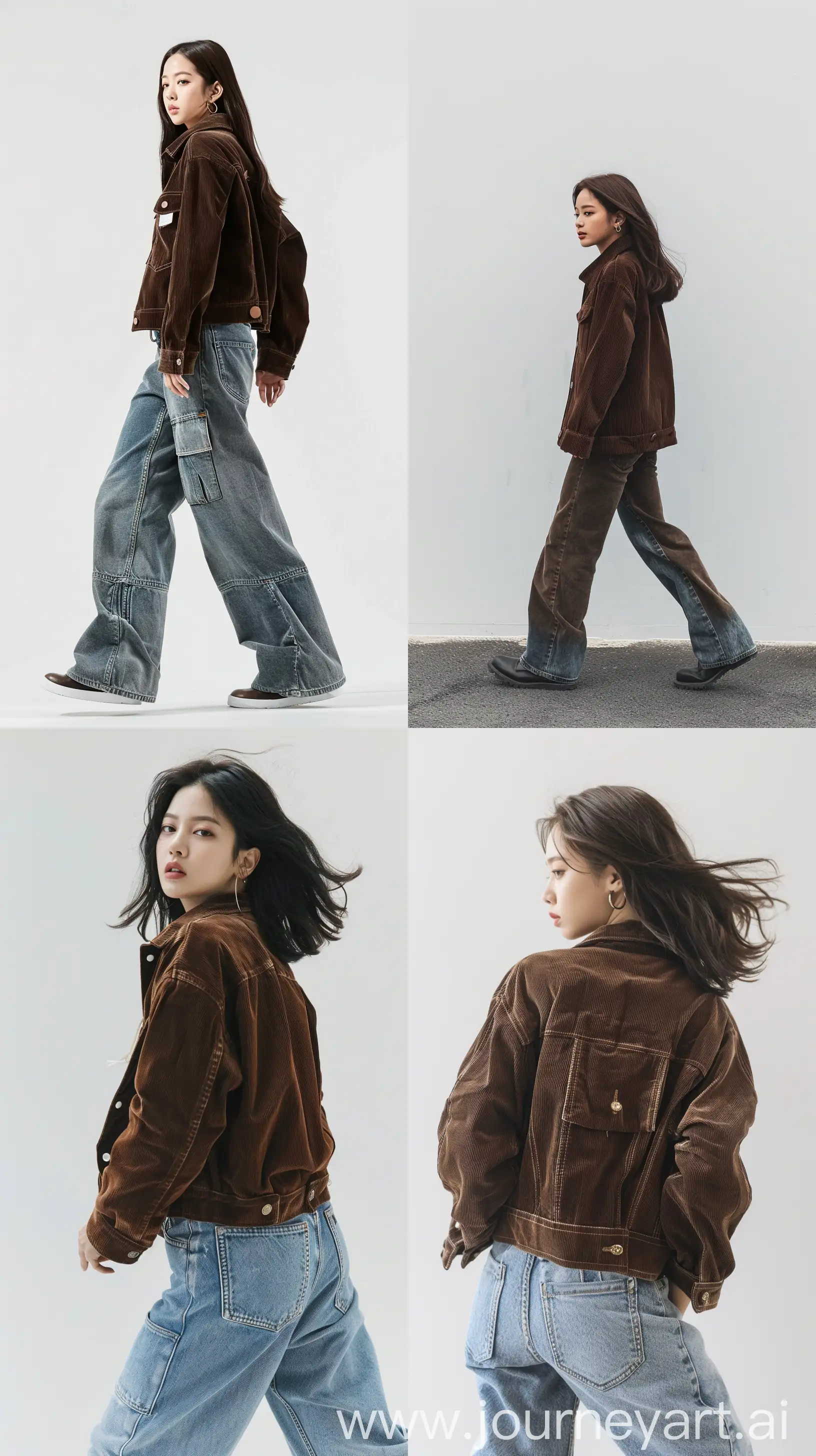 aestethic, blackpink's jennie wearing brown corduroy jacket and oversize jeans pants, medium hair, walking back body, throw face away --ar 9:16