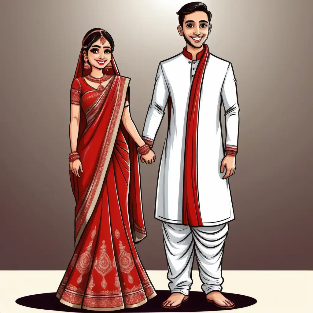 wedding couple groom wearing white kurta and bride wearing pure red gujarati saree cartoon