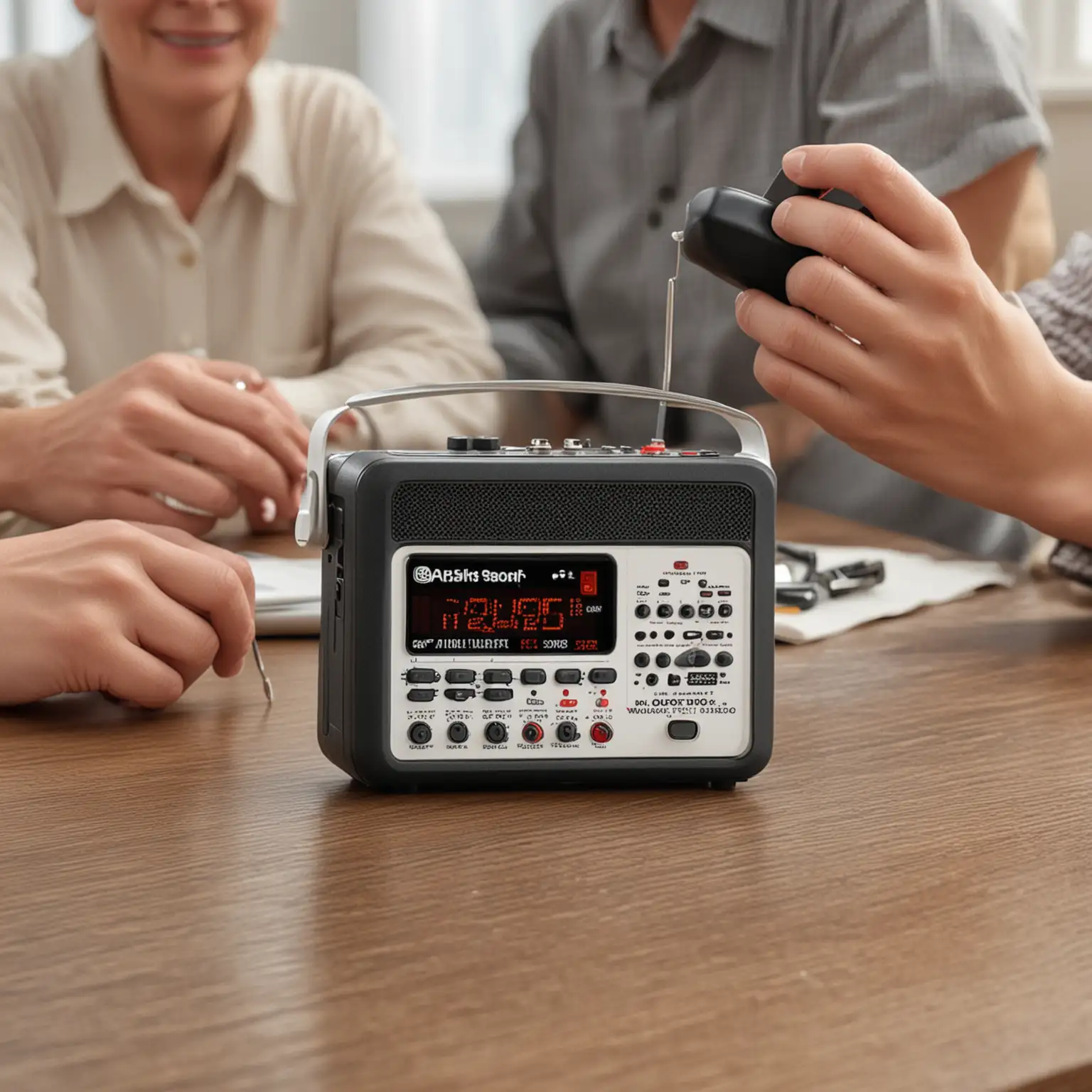 People Gathered Around Table Listening to Electric Weather Alert Radio