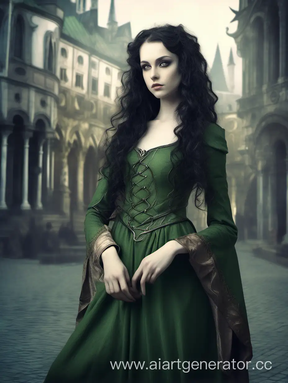 Fantasy. 16th century. Young elf girl, 25 years old, black long curly hair, normal build, green eyes, pale skin, dress. Background fantasy city