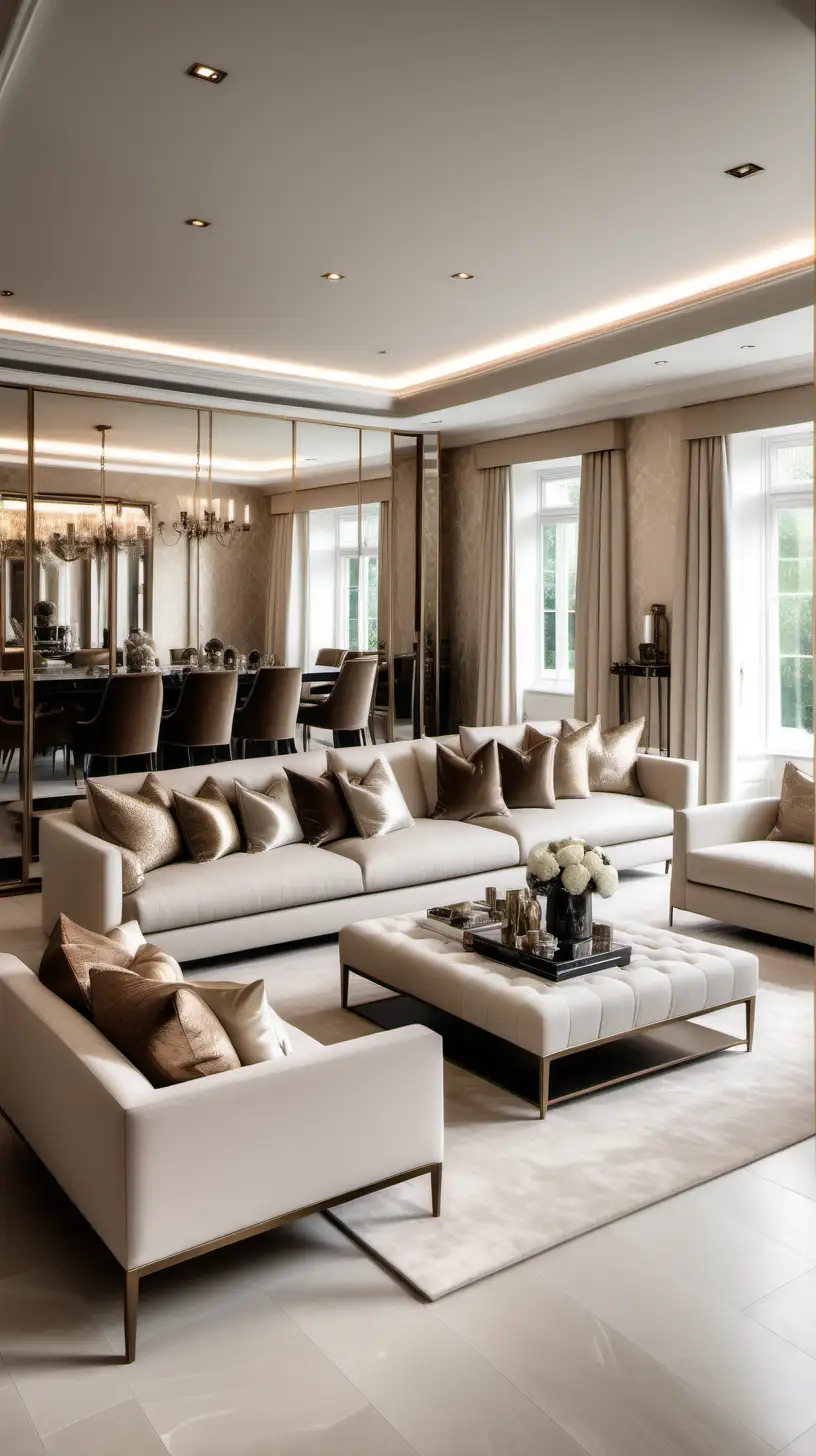 Editorial style photograph of a luxury open plan living space, neutral furniture, cream texture wallpaper, mirrors bronze accents in a modern mansion in London. Realistic 8k photos with a canon