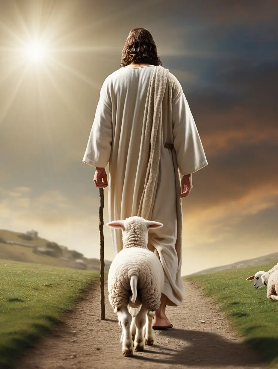 Jesus walking towards a lamb view from his back