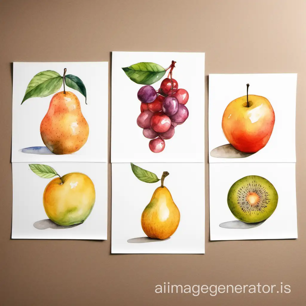 four drawings of fruits in watercolor on a paper on a desk