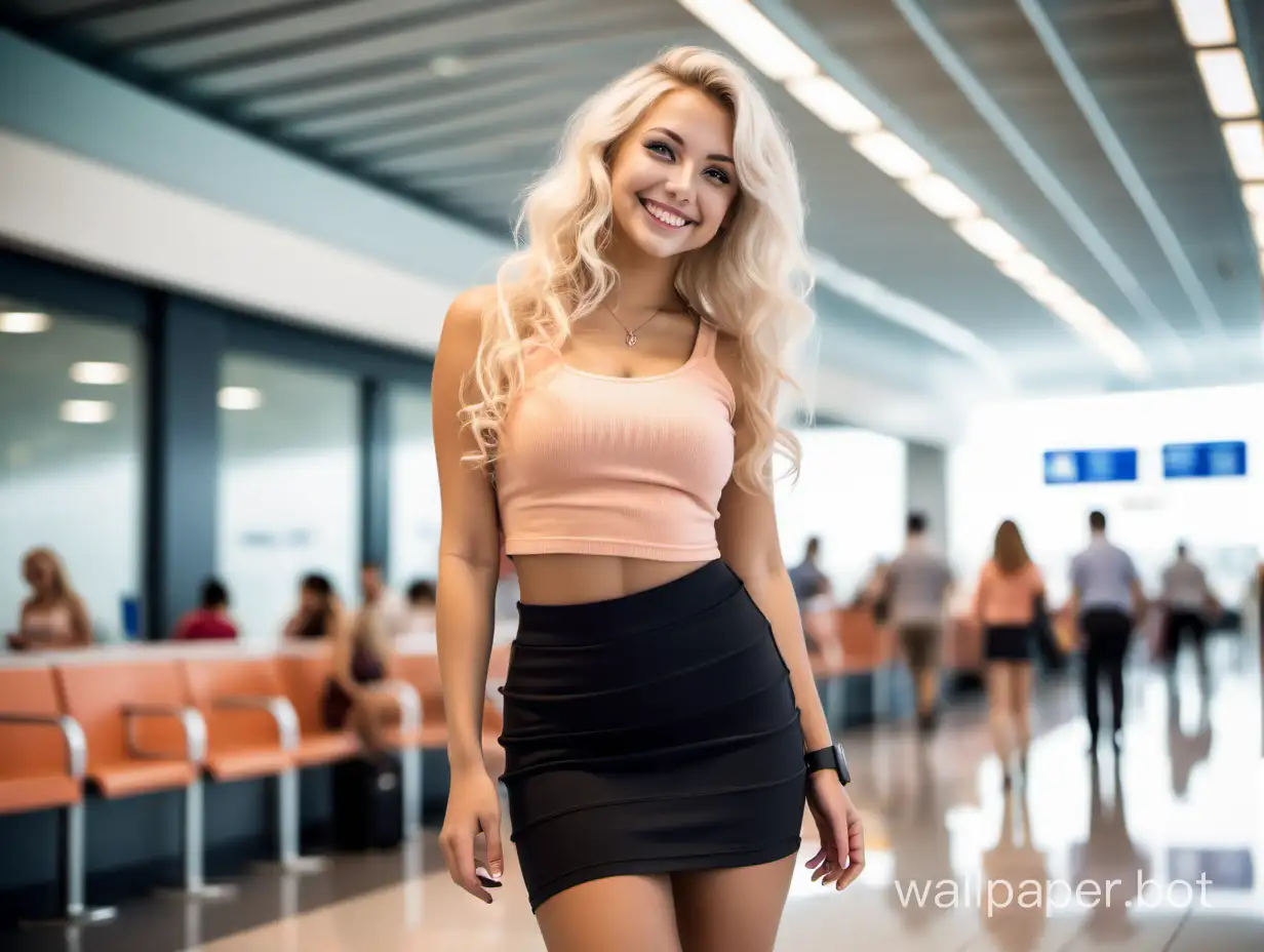 Low angle view, a young and attractive woman is smiling, she has long wavy platinum blonde hair and lightly tanned skin, wearing a peach crop top and tight black mini skirt to showcase her shapely thighs, full body view. realistic depiction, Airport waiting area is in the background.