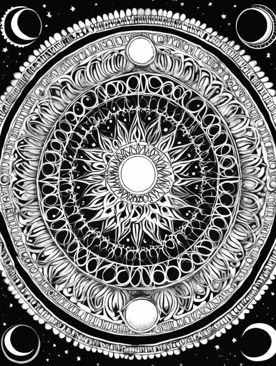 Moon Phases Mandala Celestial Art with Lunar Patterns