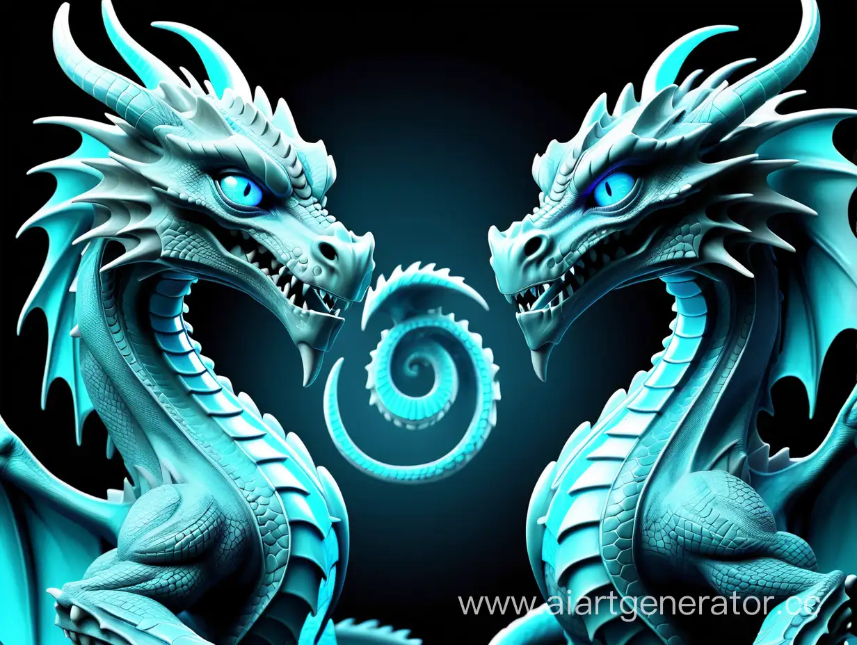 два дракона голубой  и бирюзовый блики фэнтези светящиеся синим глаза  высокая детализация