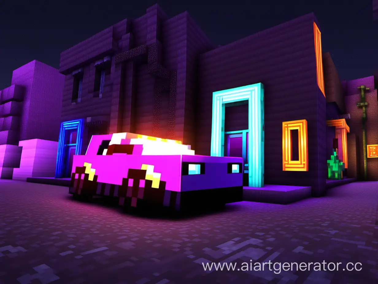 Neon-Minecraft-Street-with-Vibrant-Car-Scene