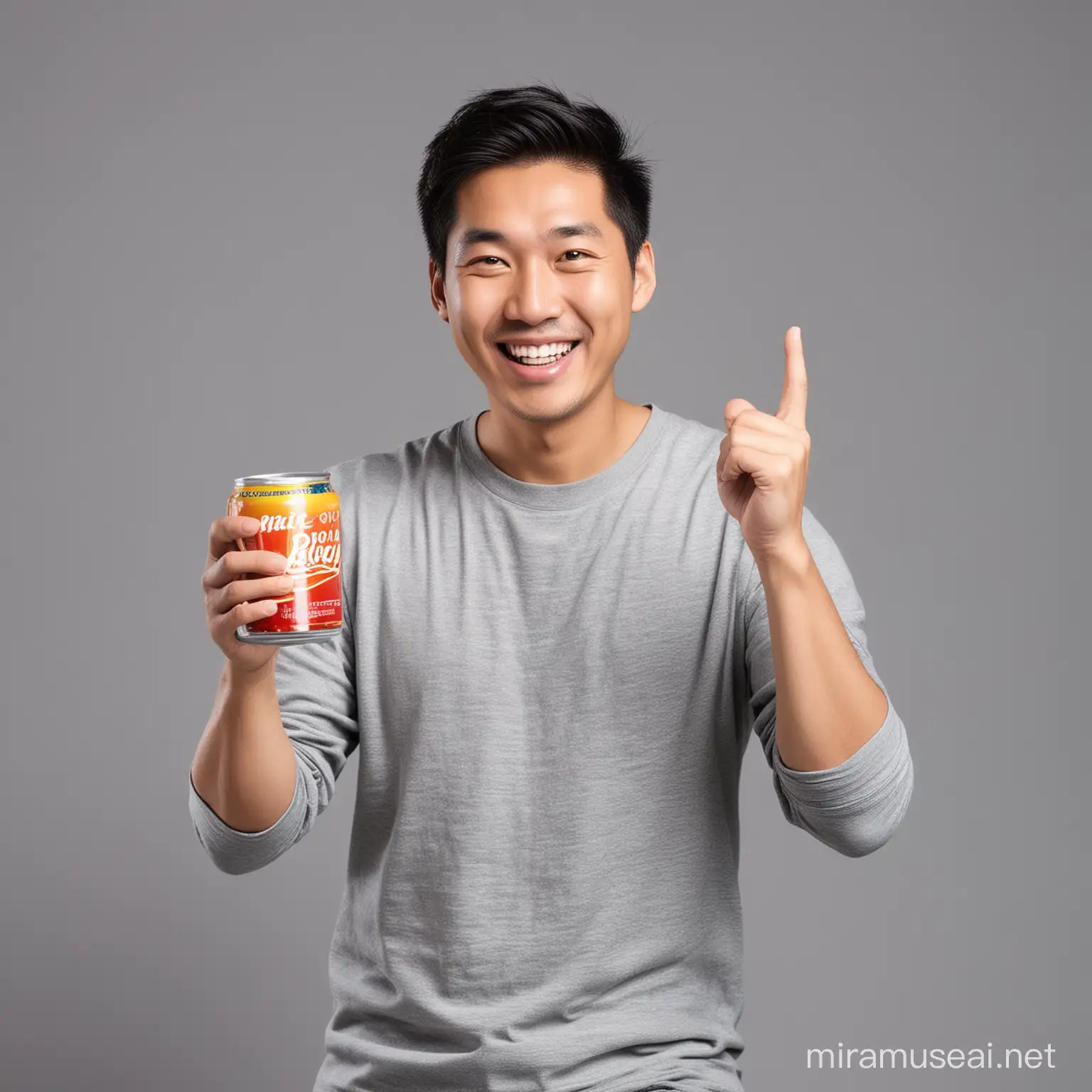 happy asian man not looking holding can