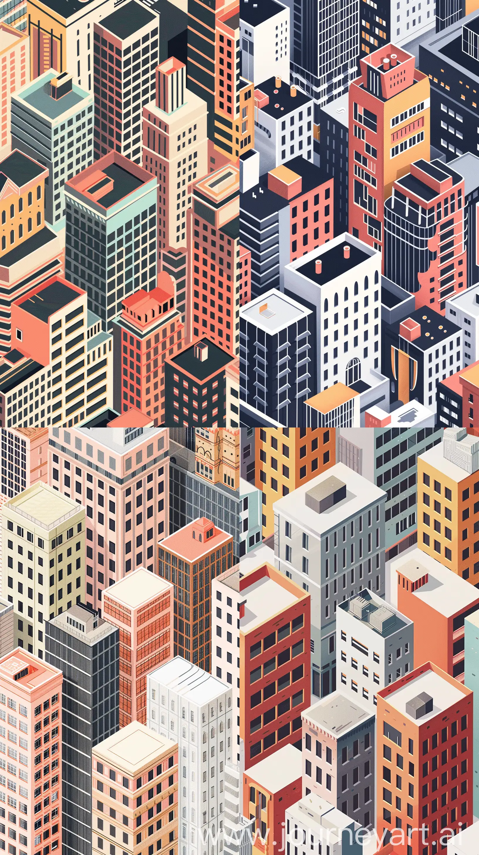 Conceive a phone wallpaper that mirrors Natalie du Pasquier's exploration of architectural elements, showcasing a minimalist, isometric cityscape. Use clean lines and contrasting colors to depict a series of buildings, each with its own unique pattern and texture. The composition should evoke a sense of order and playfulness, reflecting du Pasquier's ability to blend the structural with the whimsical. --ar 9:16