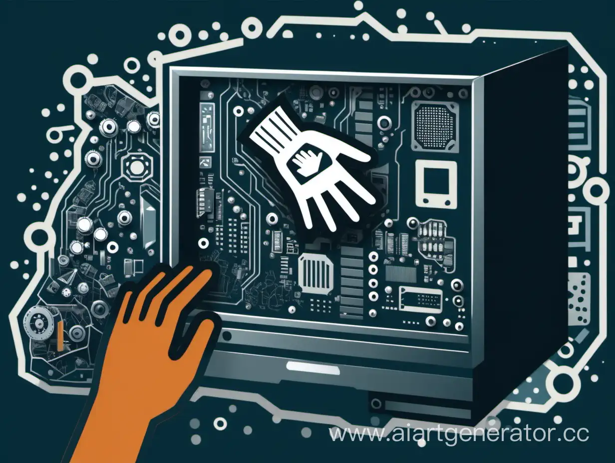 Иконка на которой изображены рука одевающая перчатку а на фоне компьютерные комплектующие
