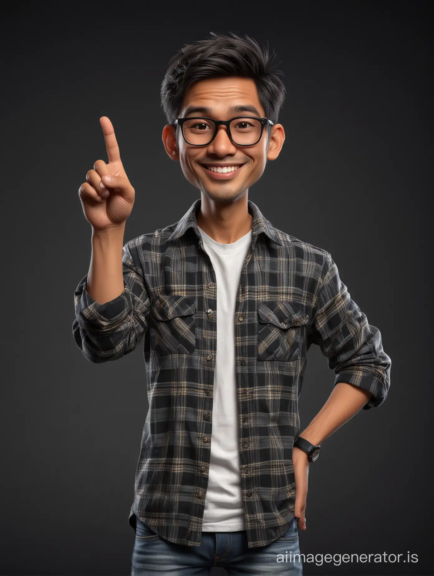 Caricature 4D Indonesian man, 30 years old, thin face, clean face, medium long hair, wearing bold frame wayfarer glasses,wearing an unbuttoned t-shirt and flannel shirt, standing on the right side smiling, making the peace gesture, black background, detailed image, detailed visuals, looks real, HD