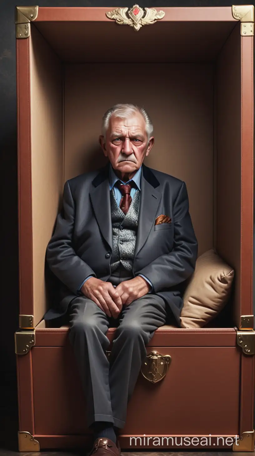 A serious grandfather sits in a rich box
