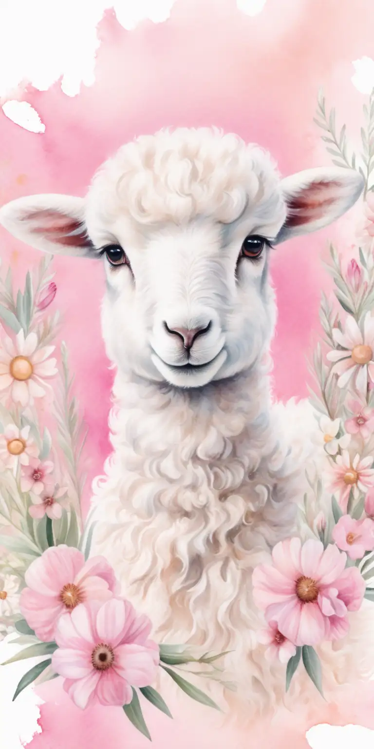 Charming White Lamb Surrounded by Pink and White Flowers on a Delicate Watercolor Background