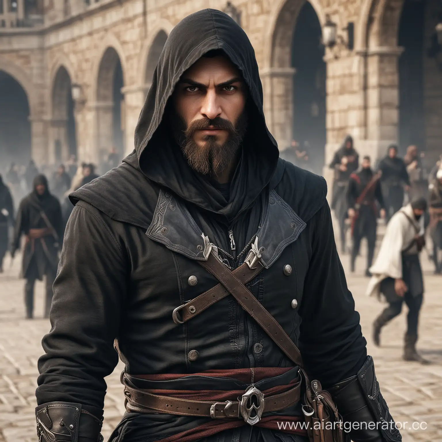 Bearded-Assassin-in-Black-Garb-at-Assassins-Creed-College