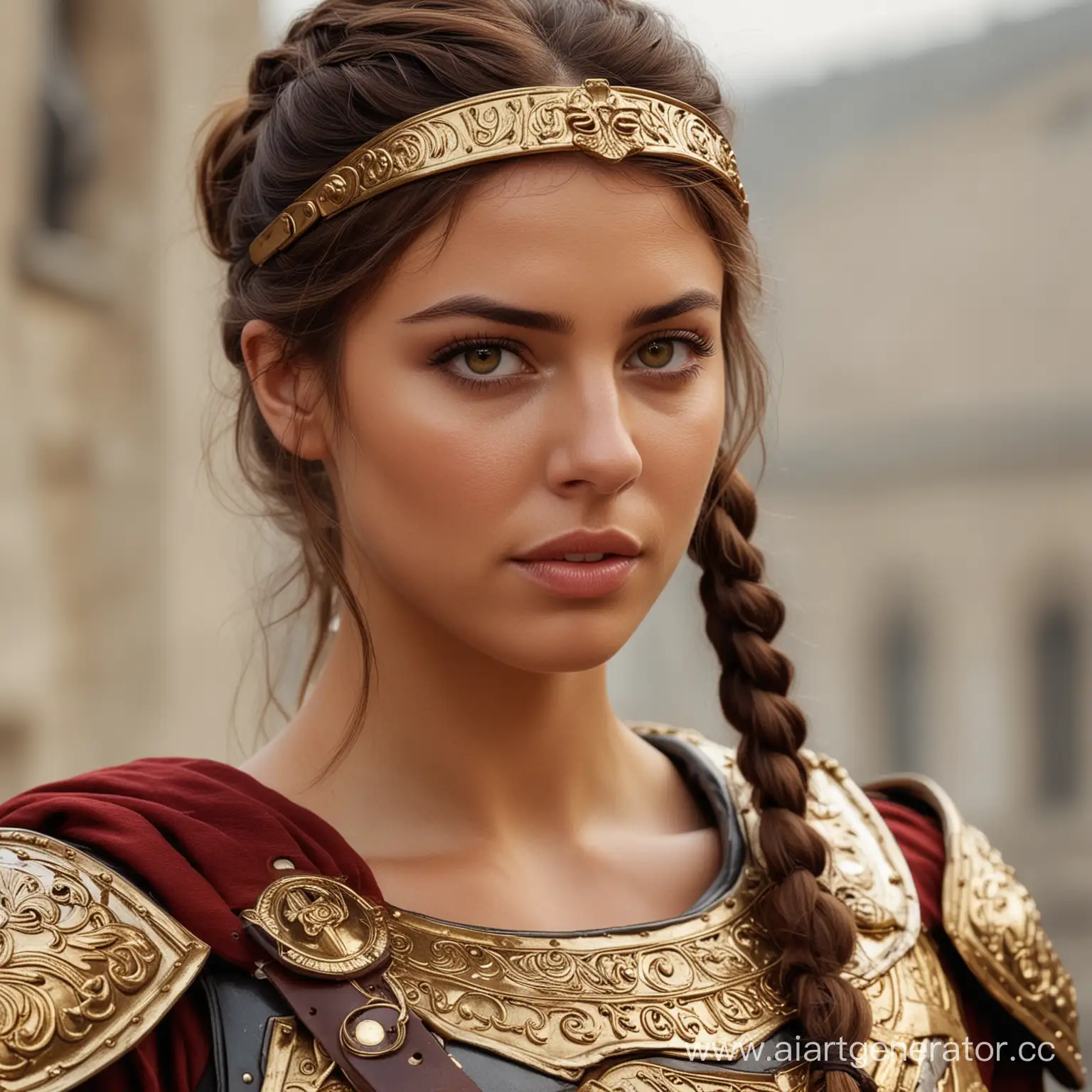 Красивая женщина,  европейская внешность, коричневые волосы, золотые  глаза,  одежда римского легионера, 4к