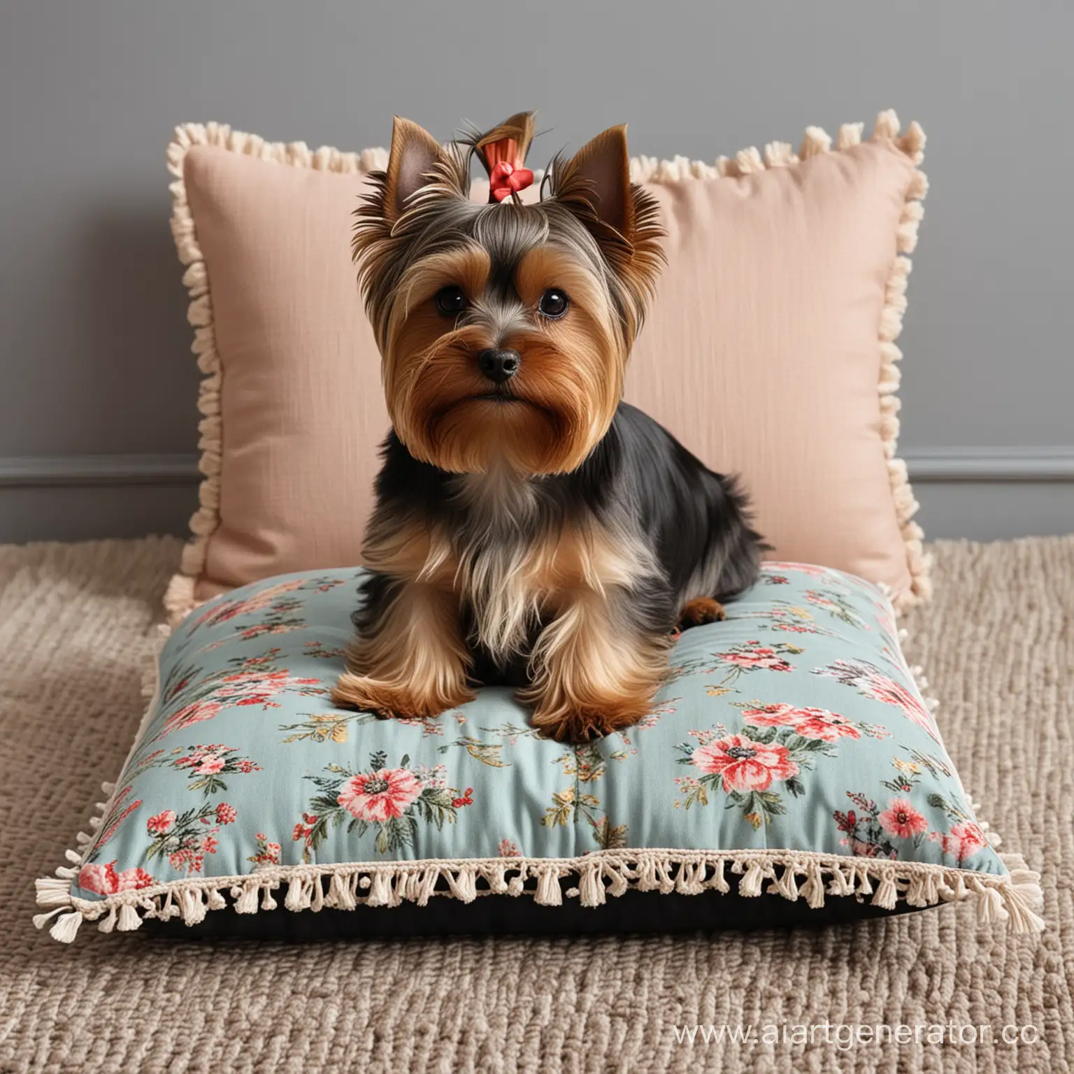 Adorable-Yorkshire-Terrier-Sitting-on-a-Decorative-Cushion