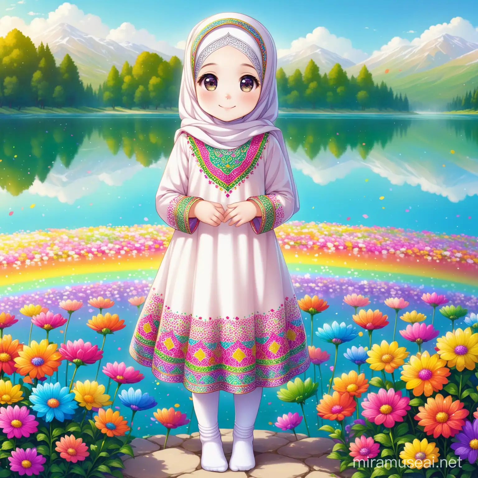 Persian little girl(full height, Muslim, with emphasis no hair out of veil(Hijab), small eyes, bigger nose, white skin, cute, smiling, wearing socks, clothes full of Persian designs).
Atmosphere full of many rainbow flowers, lake, paring.