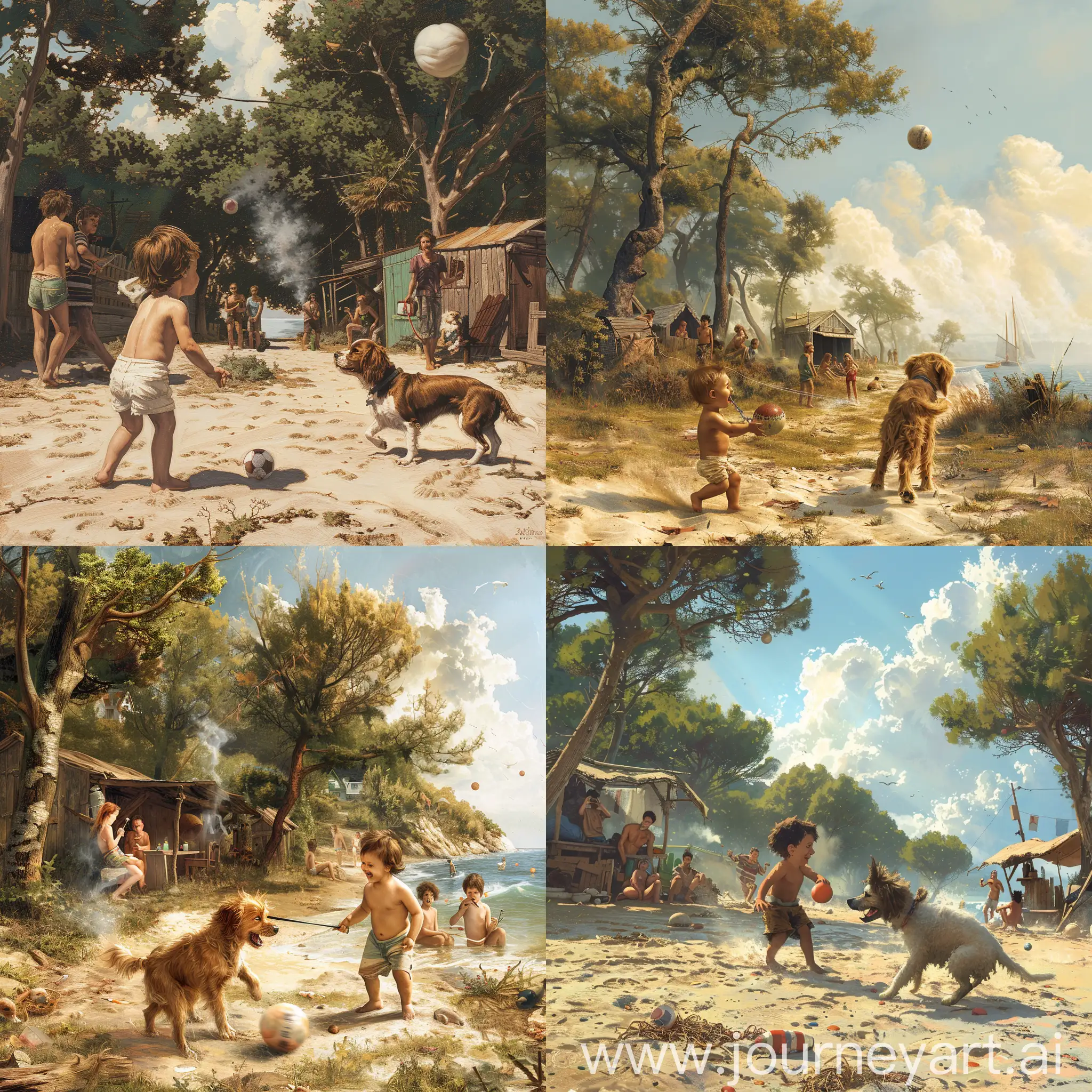 a young child and a dog are  playing with a ball in the coast of a small sea village, in the background there are trees, some wooden shelters, as wel as, a crew of young people lauging, smoking and drinking, the atmospehe is blissful and musical