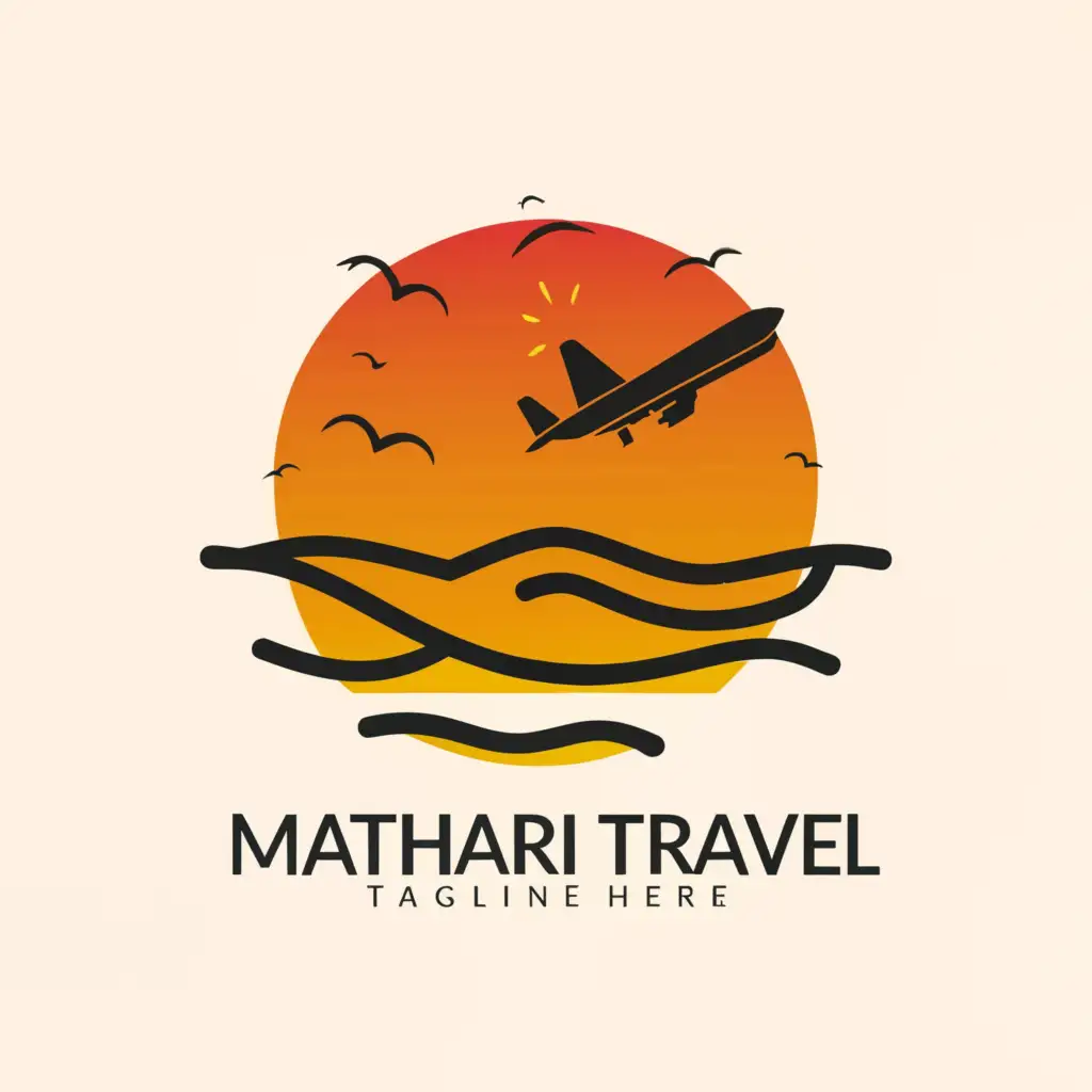 a logo design,with the text "Matahari Travel", main symbol:sunset, beach, airplane,Minimalistic,be used in Travel industry,clear background