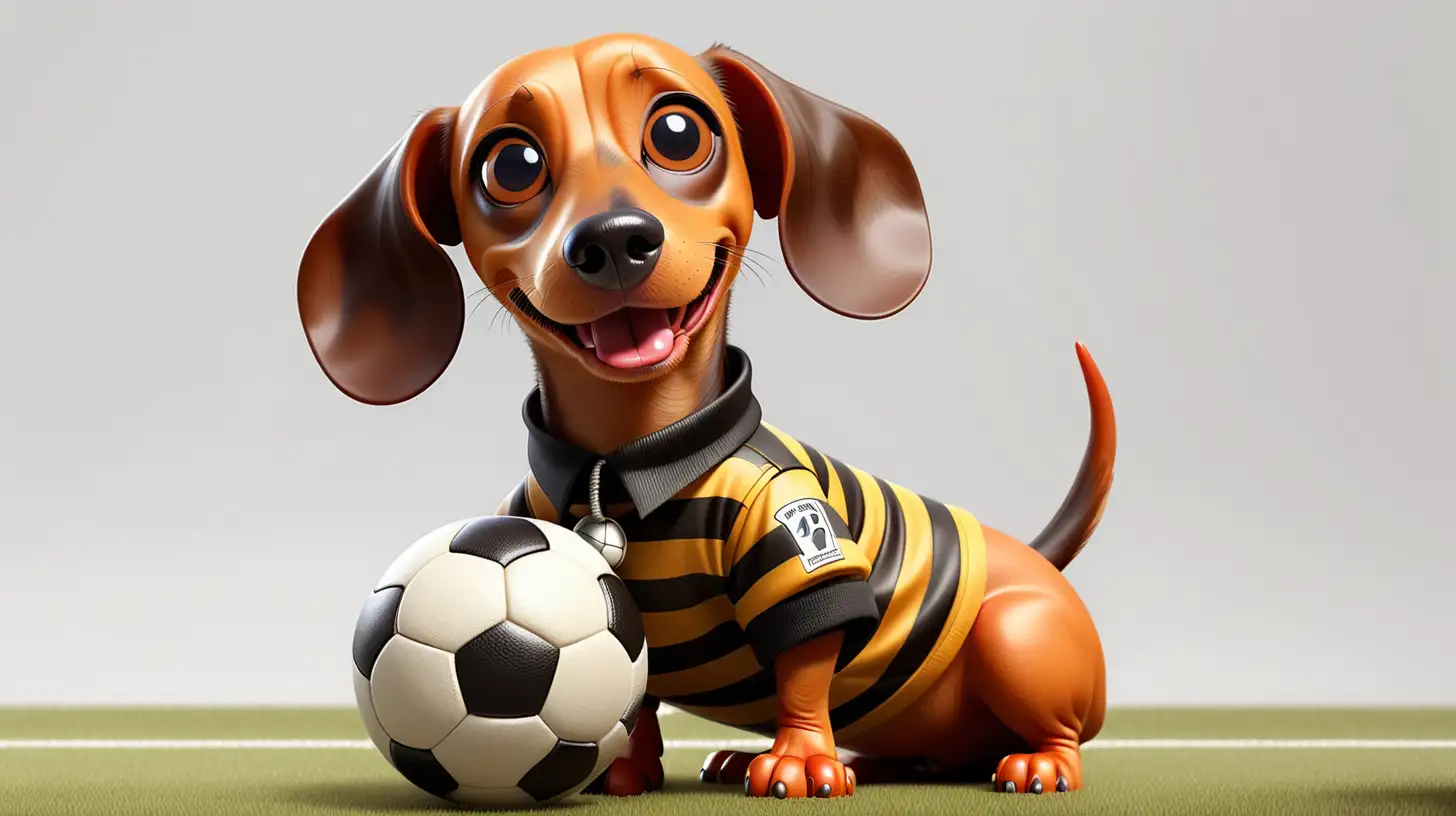 Sticker,Cartoon, cute little weiner dog in referee outfit holding a soccer ball , white background, Vermeer style, 12k, high quality, HD, octane render, cinematic lighting