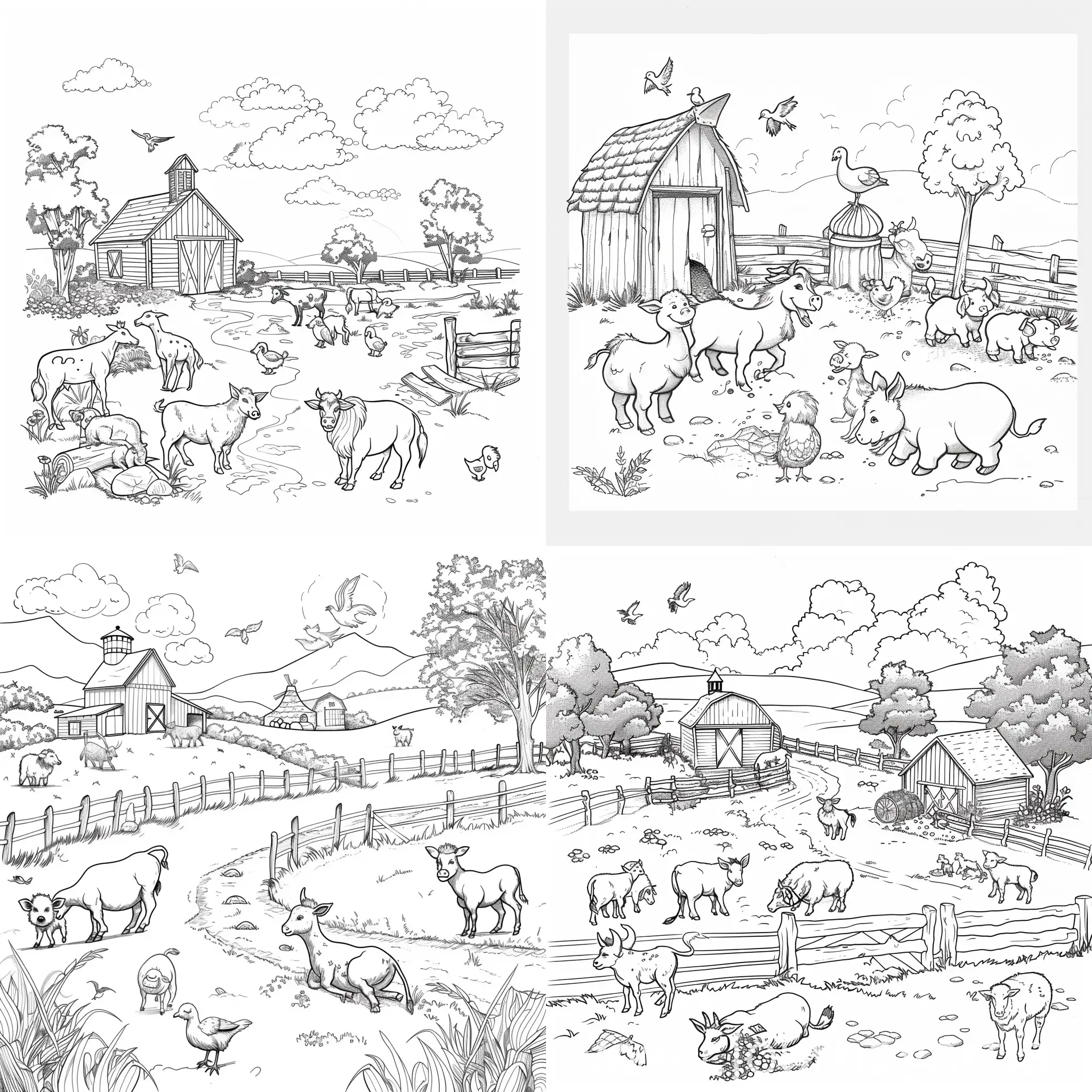 Dibuja una granja con animales de granja para libro de colorear de niños pequeños, sin escalas de grises en una hoja blanca con fondo liso sin dibujos