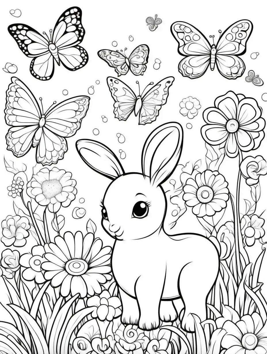 Cartoon Animals and Flowers Coloring Page for Children