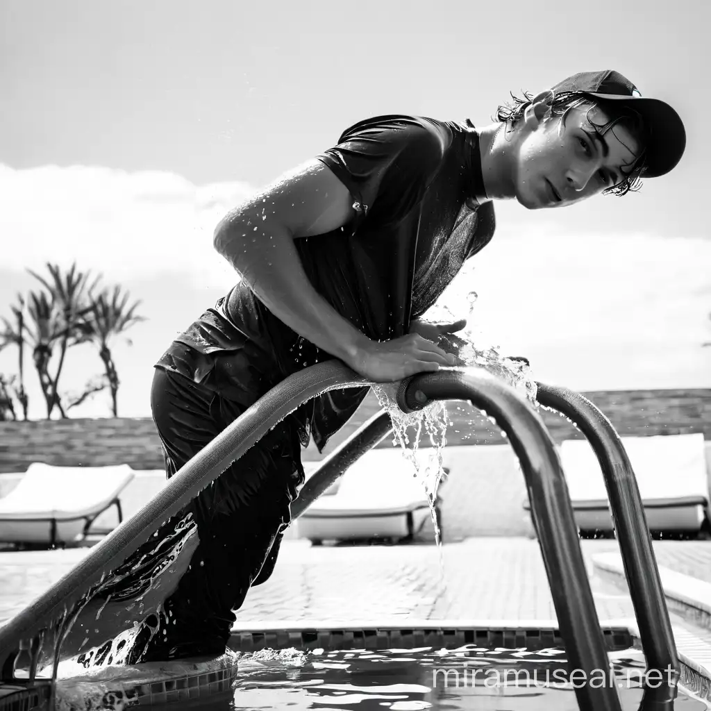 Drenched Teenage Boy Exiting Pool in Clothes