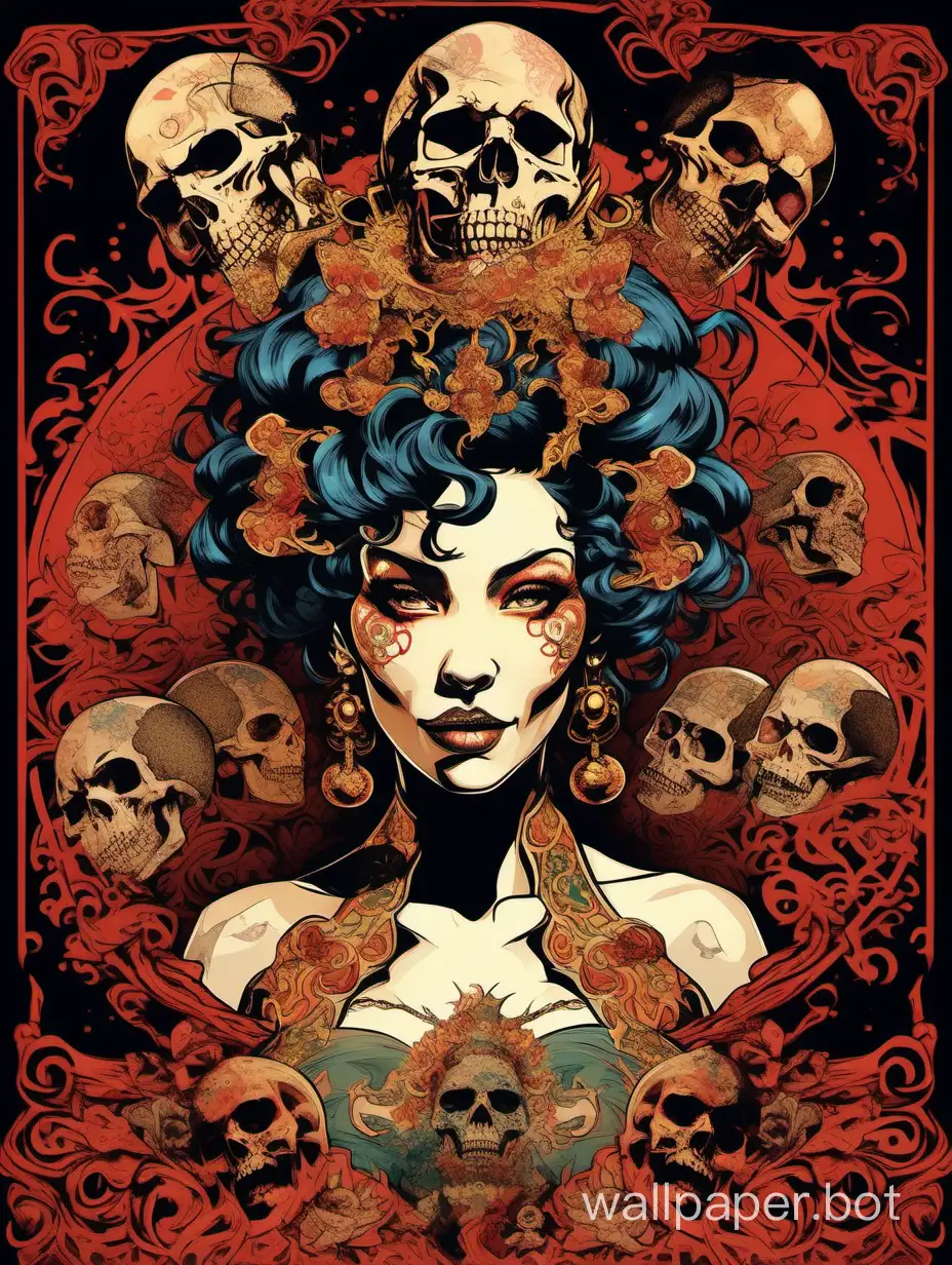 skull venus, burlesque odalisque, front head , sexy smiling face, chaos ornamental, short hair, darkness, explosive hairstyle, assymetrical, chinese poster, torn poster edge, alphonse mucha hiperdetailed, highcontrast, hippercolored, highcontrast dramatic tones, explosive dripping colors