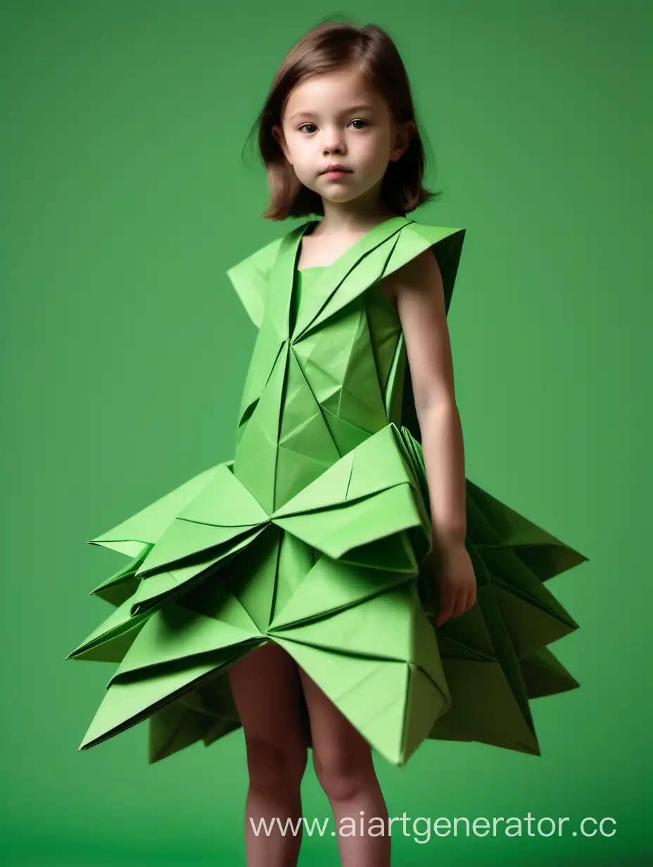 Девушка в летнем зелёном платье из оригами
