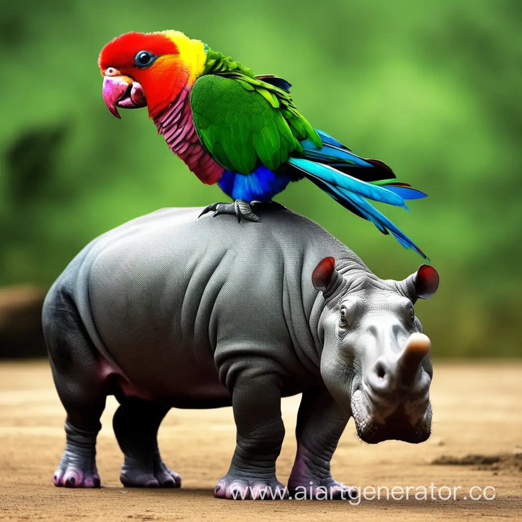 Rainbow-Parrot-Perched-on-Massive-Hippopotamus