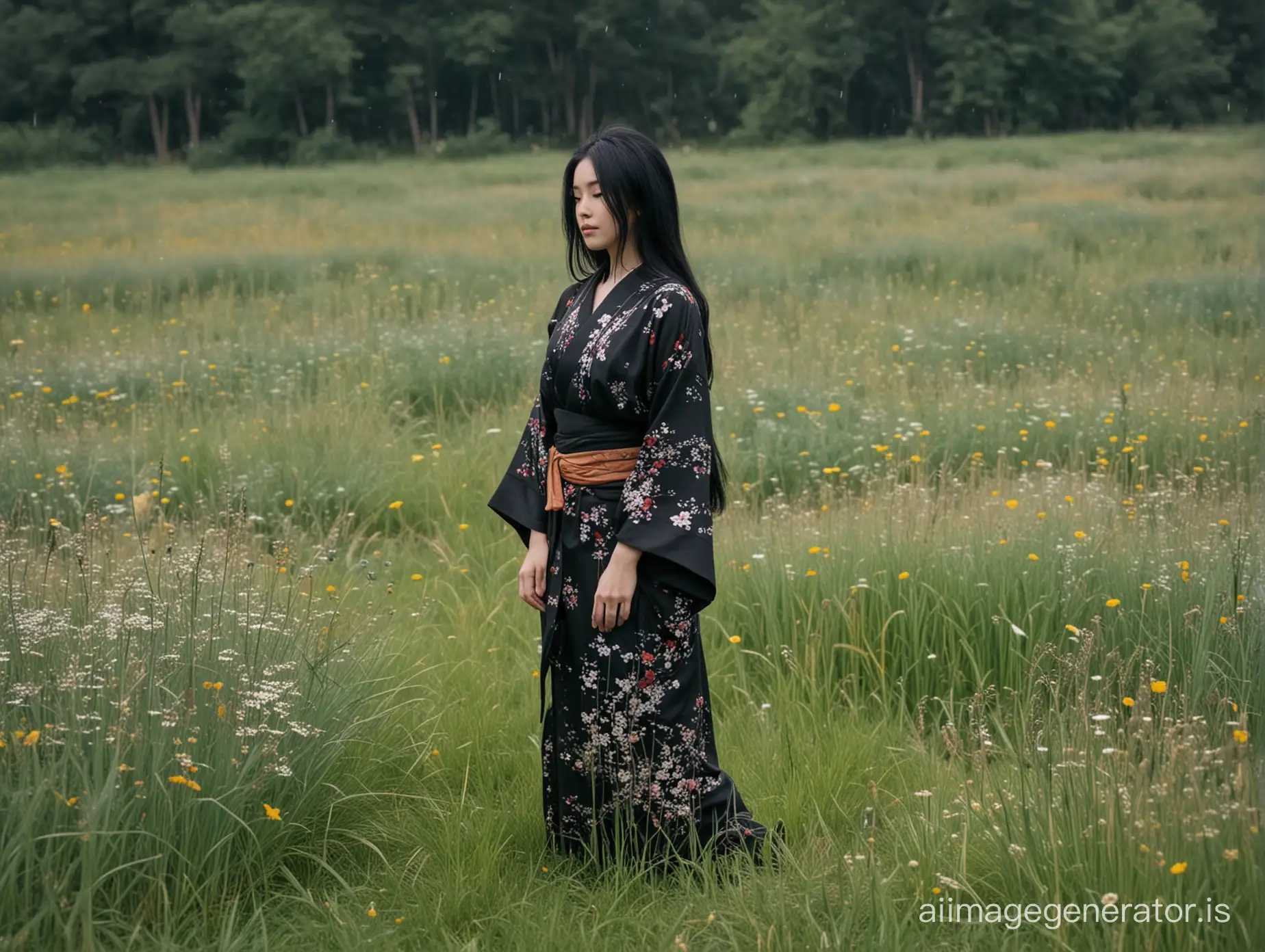 Serene-Woman-in-Black-Kimono-Amidst-Overcast-Meadow